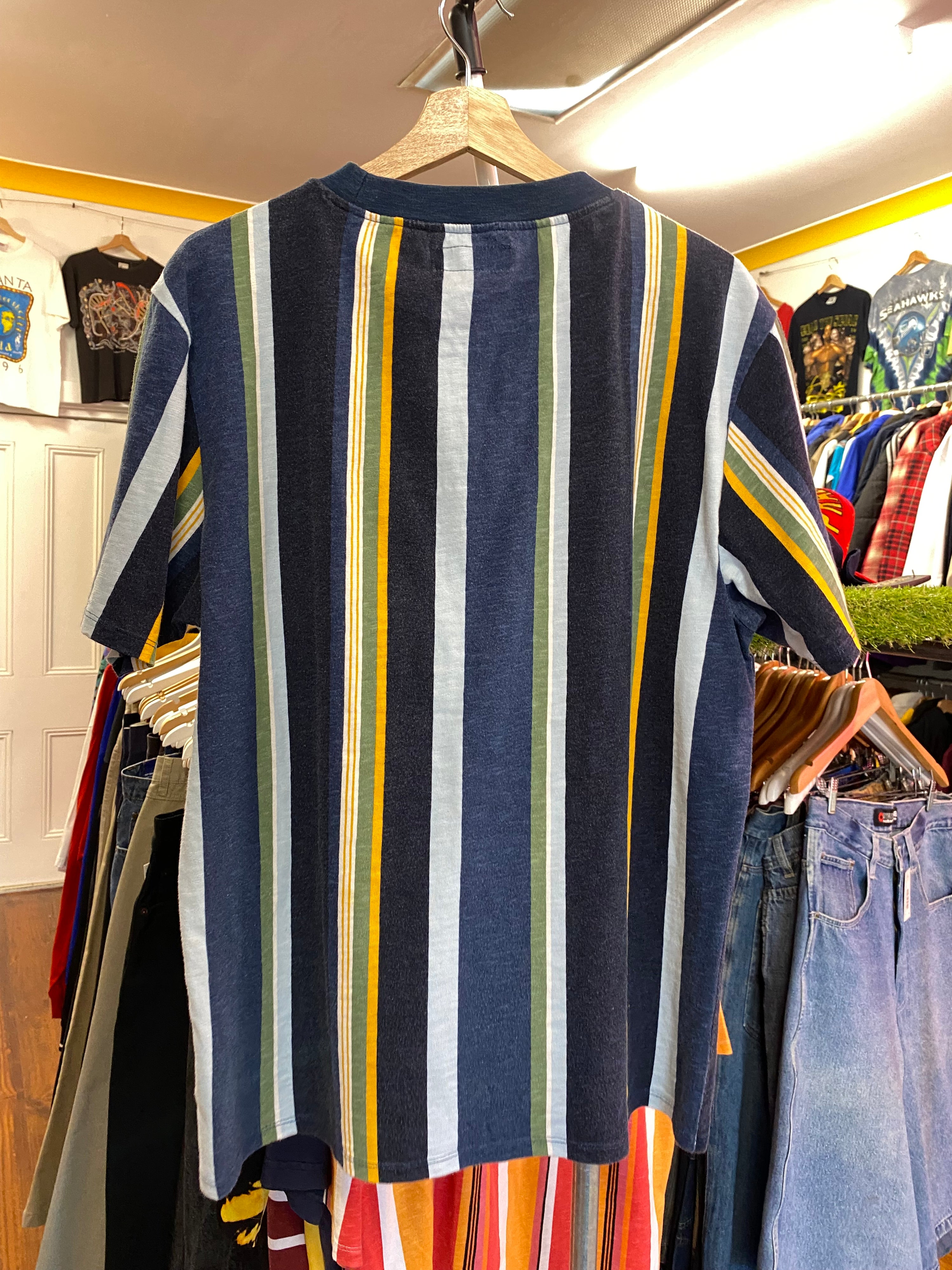 S - Guess Los Angeles Blue/Yellow/Green Stripe Tee