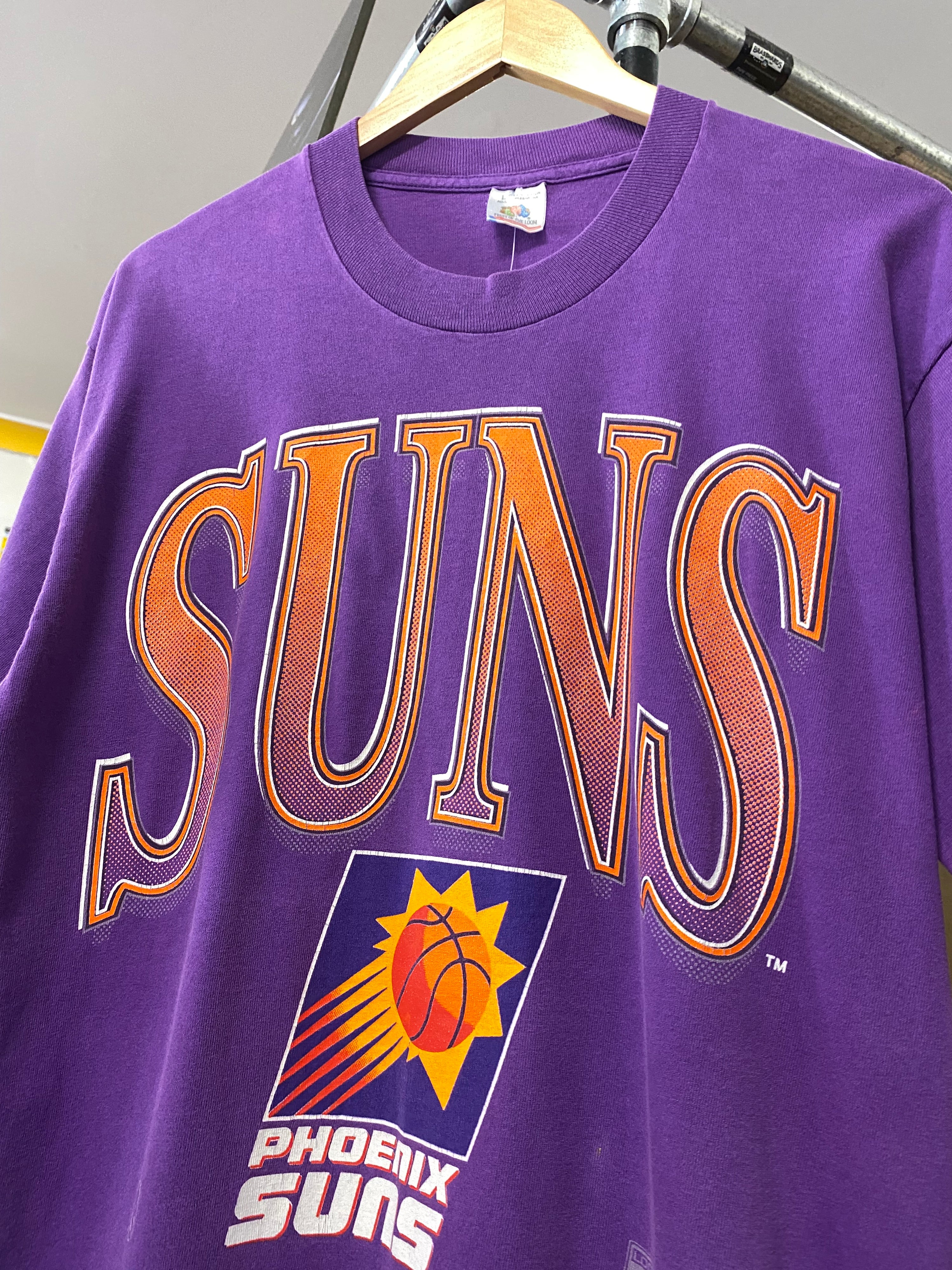 L - Early 1990s Phoenix Suns LOGO 7 Spellout Purple Tee