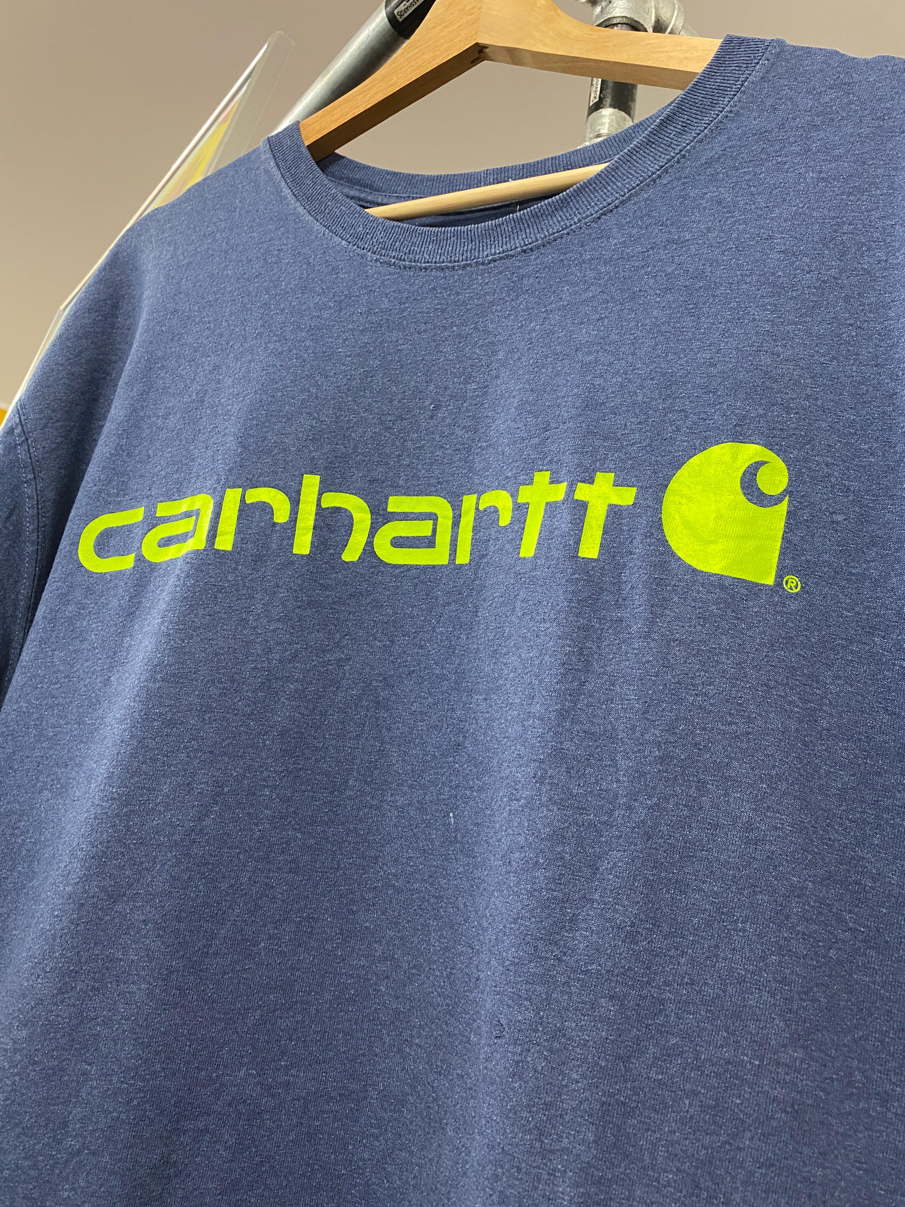 2XL - Carhartt Blue Tee Lime Green Spellout