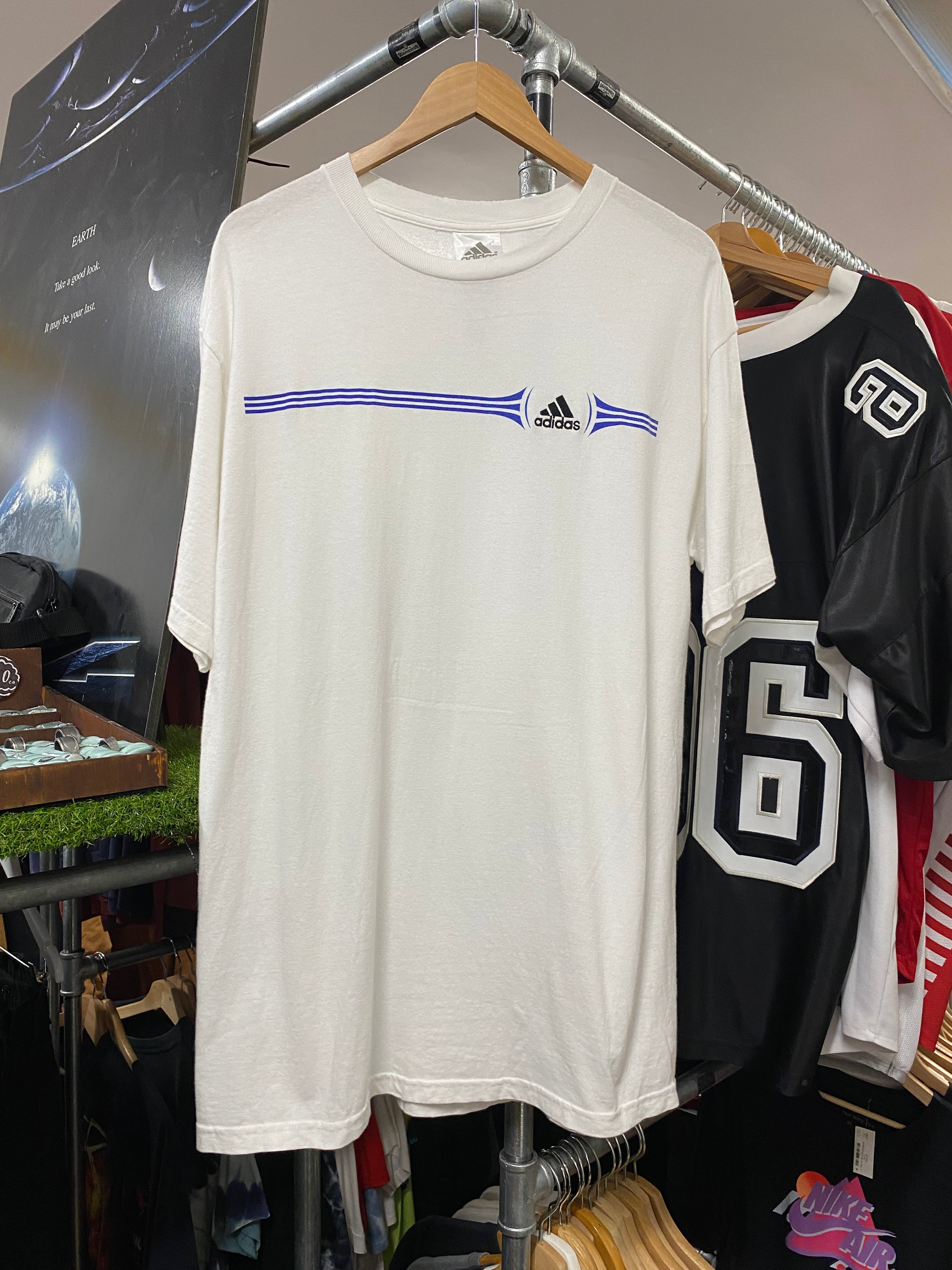 M - Adidas Blue Stripes & Black Embroidered Logo White Tee