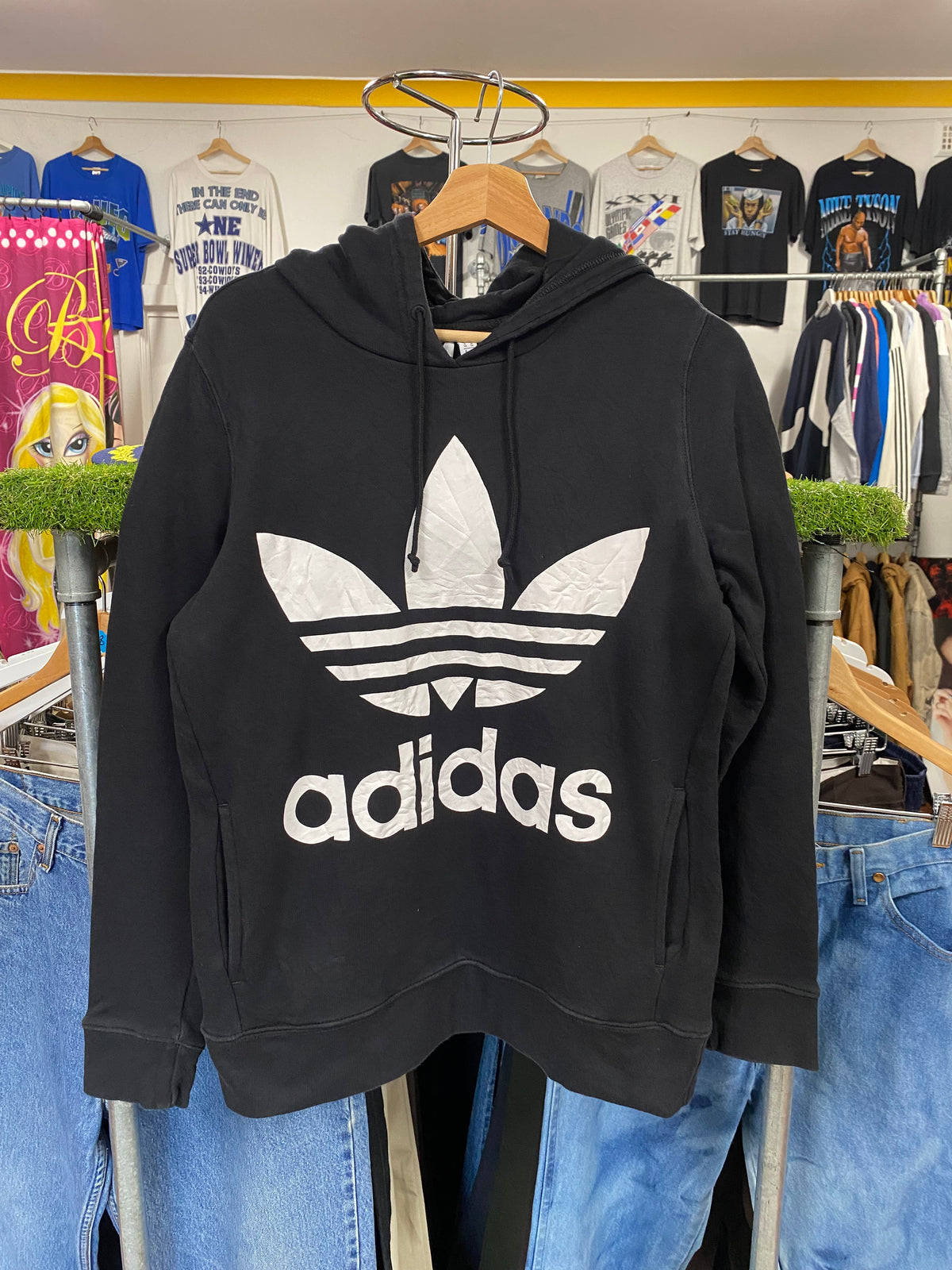 [S] Adidas Black Hoodie Big White Trefoil Logo