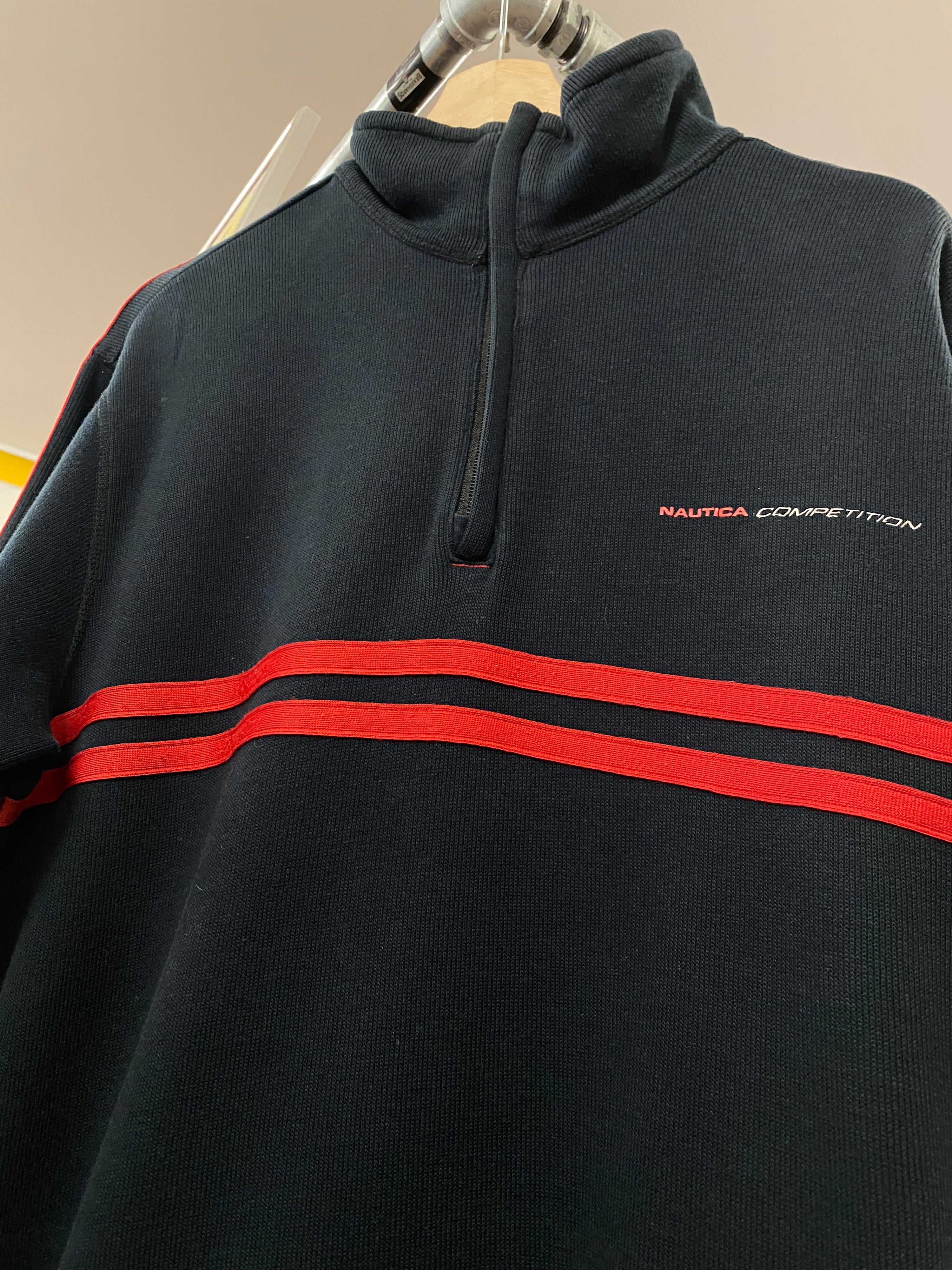 M - Nautica Competition Black 1/4 Zip Jumper Red Stripes