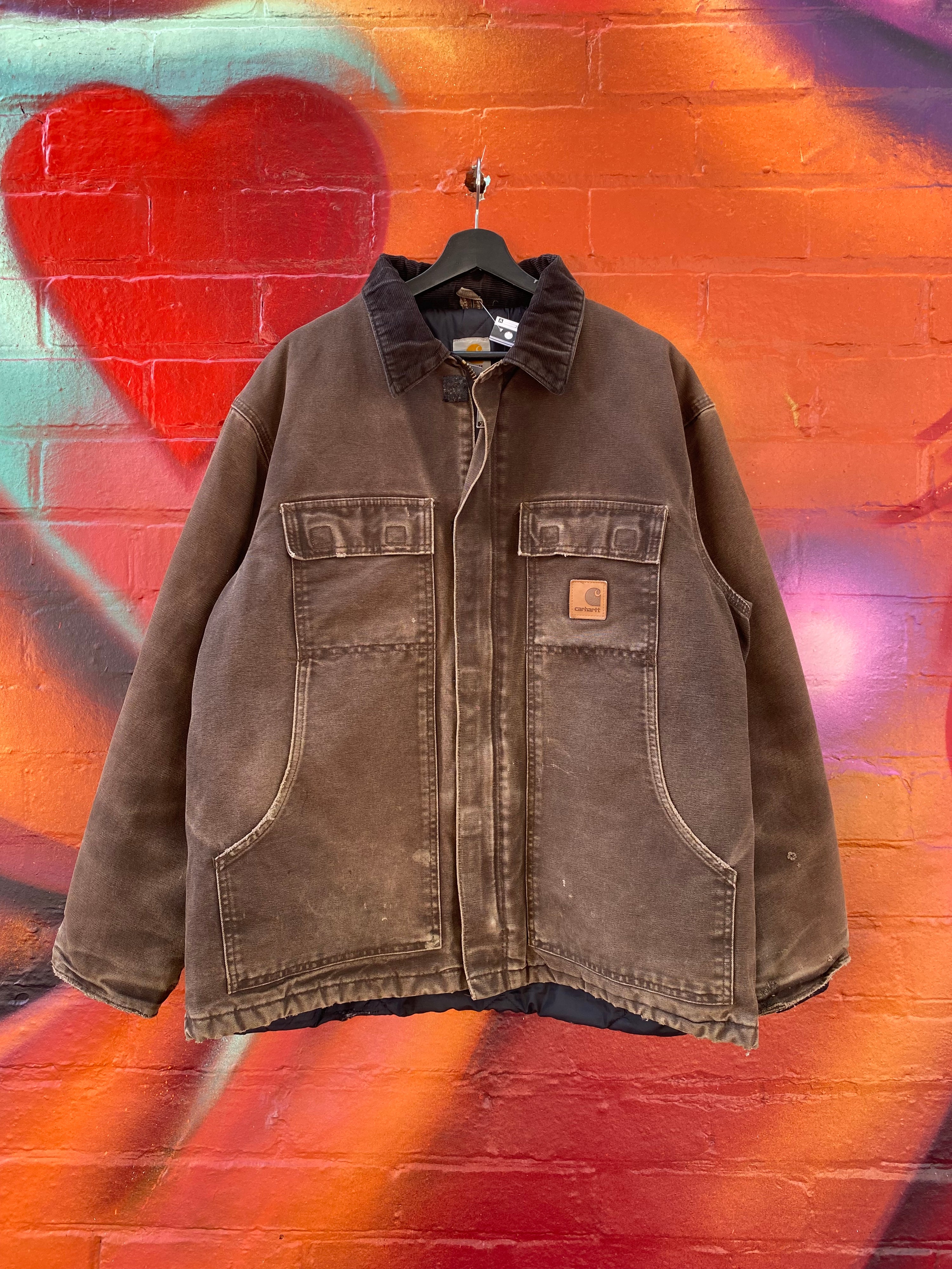 [L] Vintage Carhartt Chocolate Brown Arctic Jacket Black Collar C26 DKB