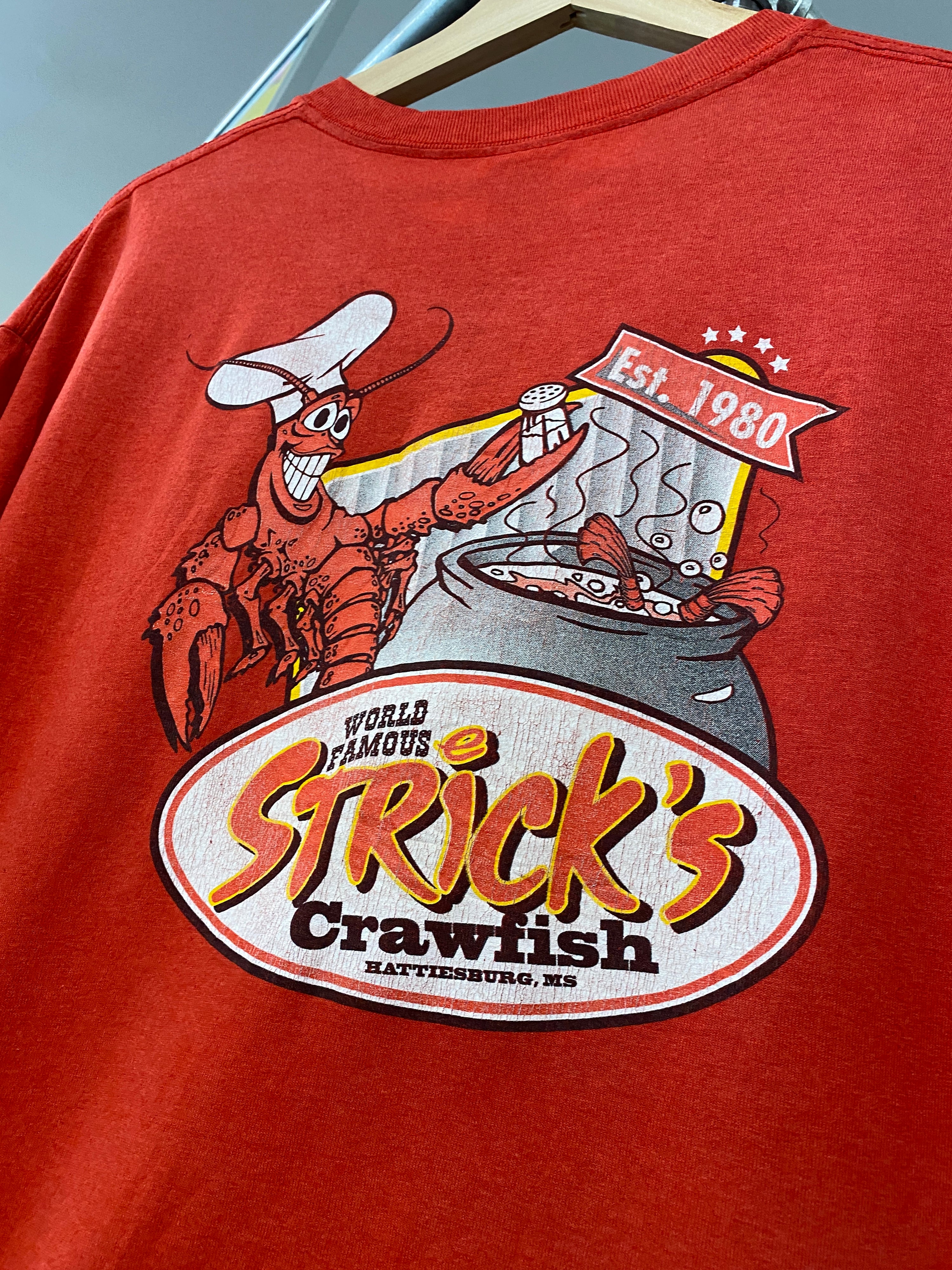 L - World Famous Strick's Crawfish Red DS Tee