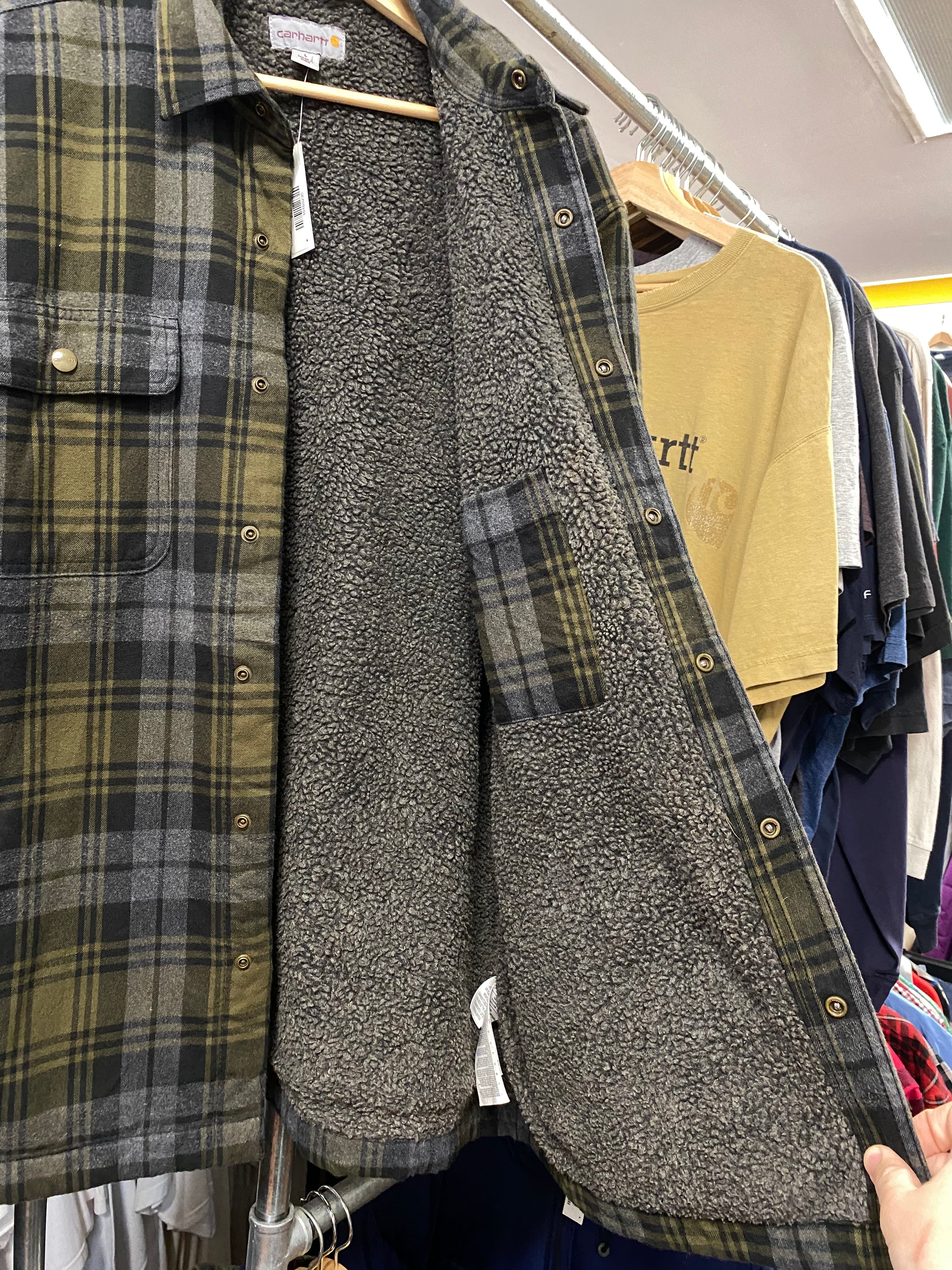L - Carhartt Green/Grey Plaid Fleece Lined Jacket