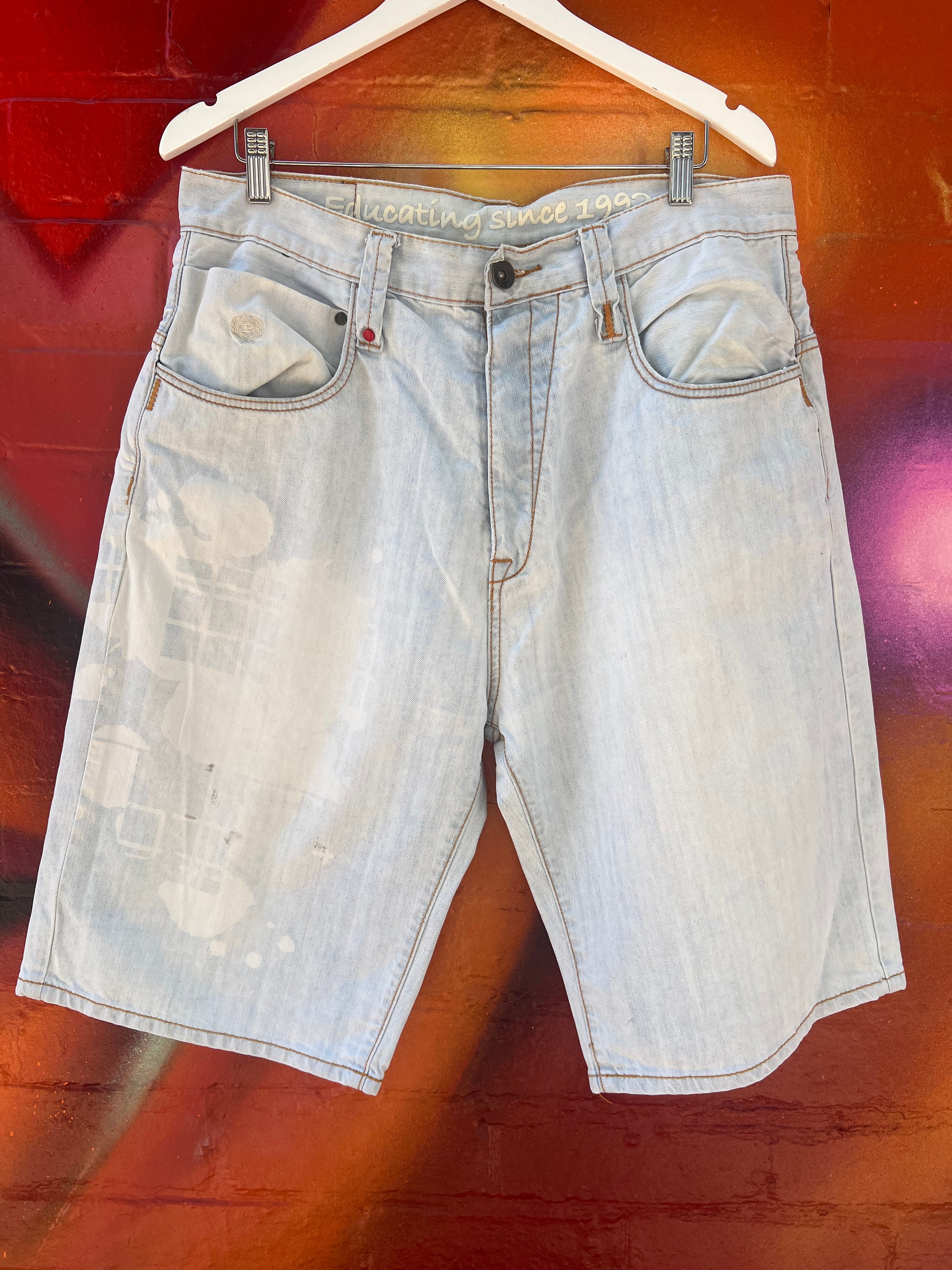 36 - Phat Farm LB Denim Shorts White Splatter Design