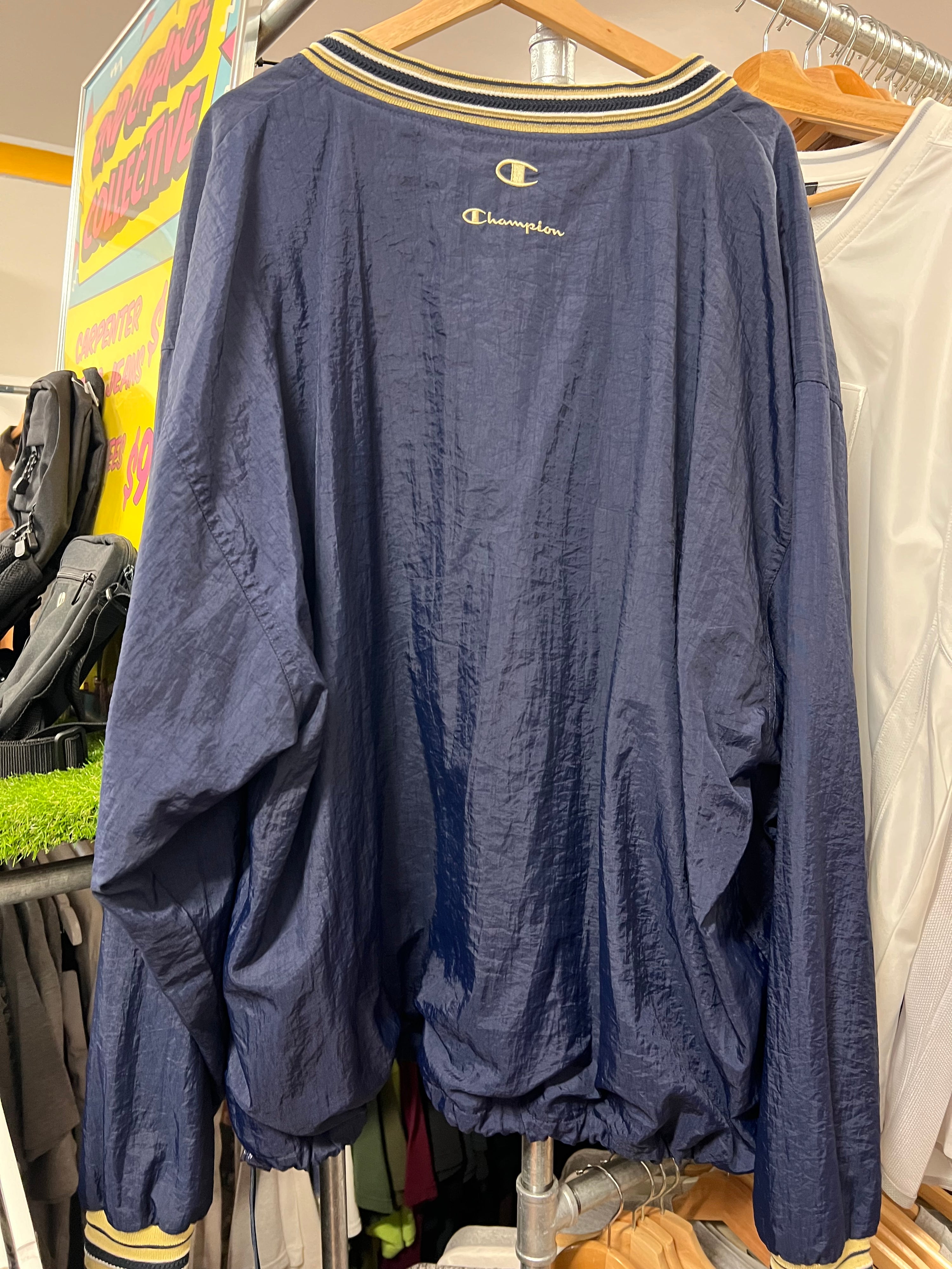 2XL - Vintage Champion Spellout V Neck Pullover Blue/Gold