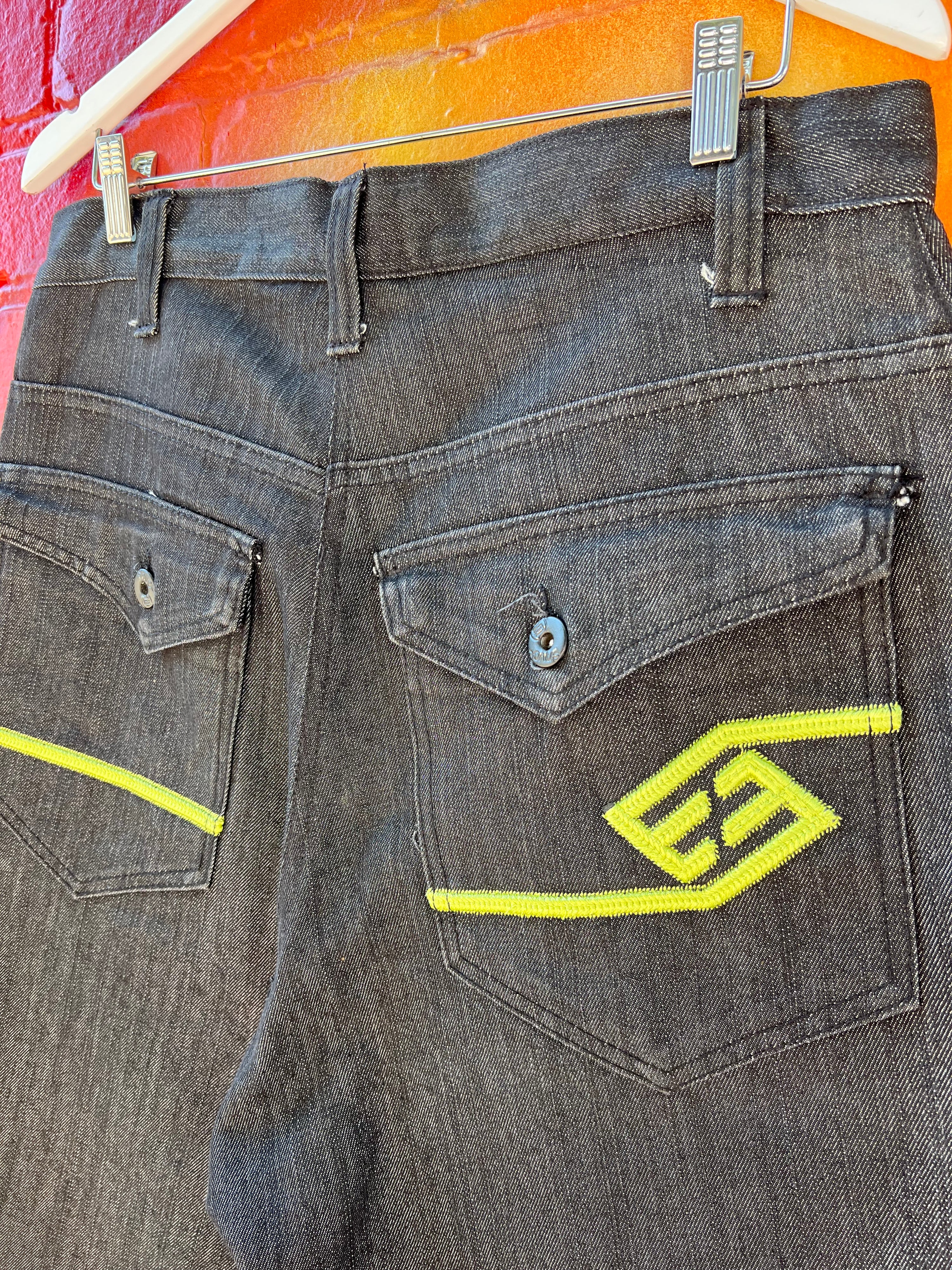 32 - Enyce Black Denim with Green Embroidery Shorts