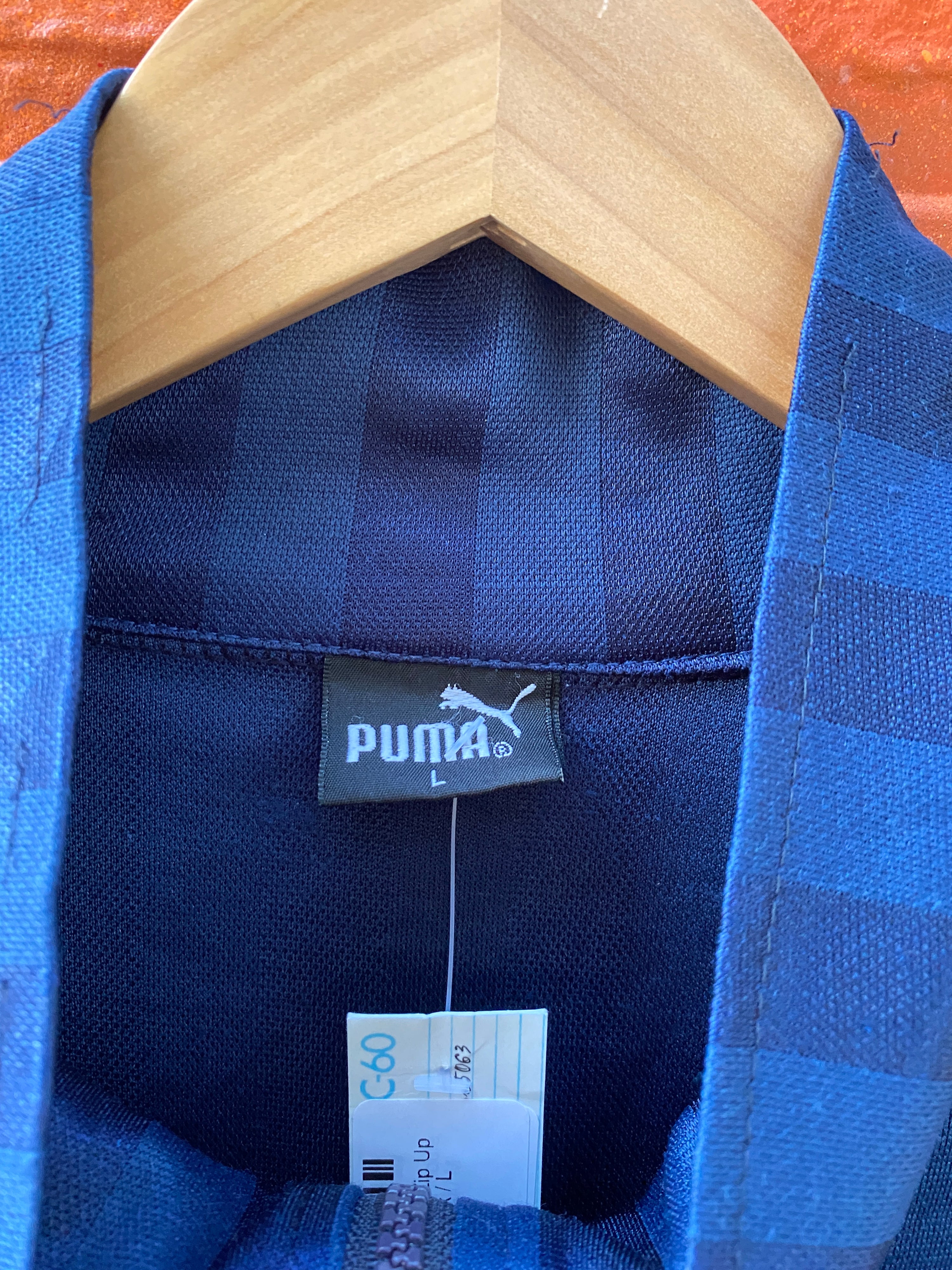 L - Blue Striped Puma Zip Up Embroidered Back