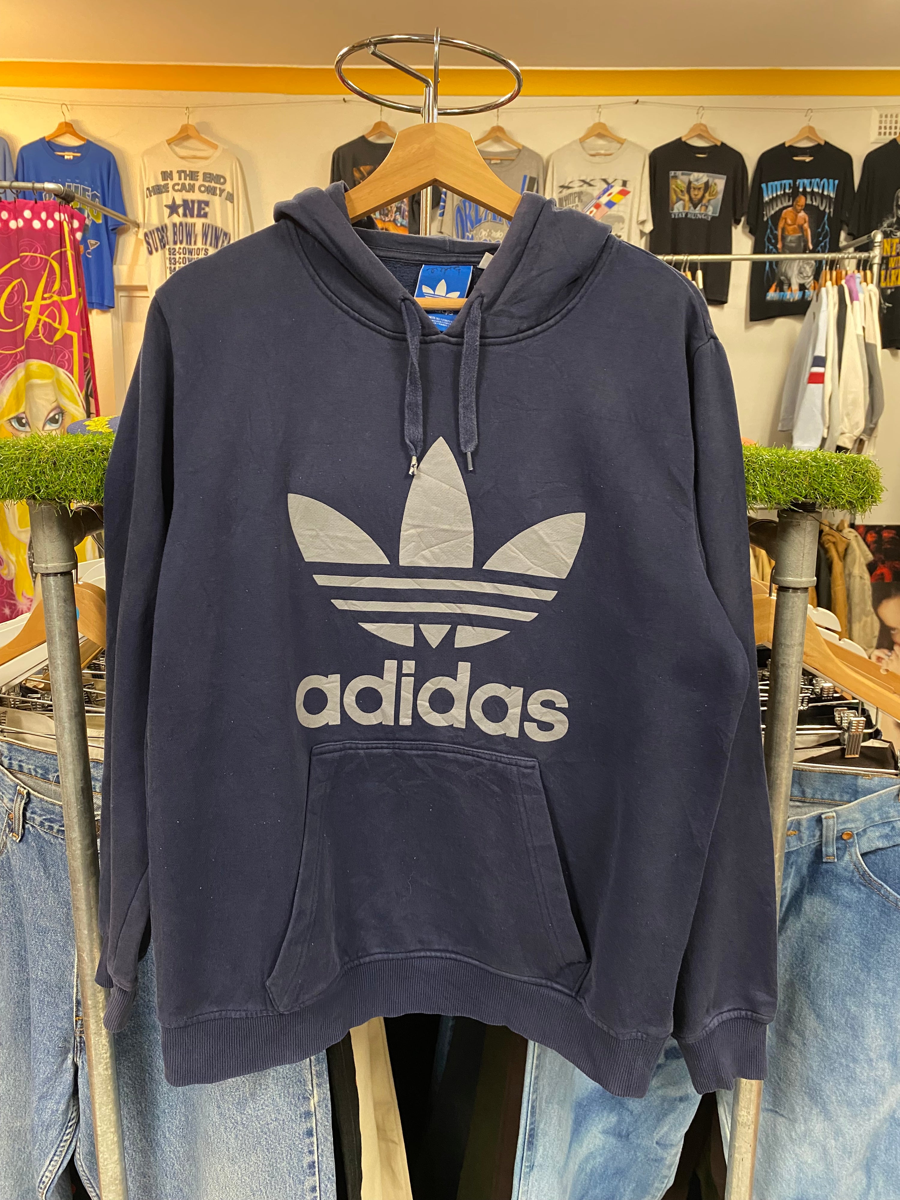 [S] Adidas Navy Hoodie Grey Trefoil Logo