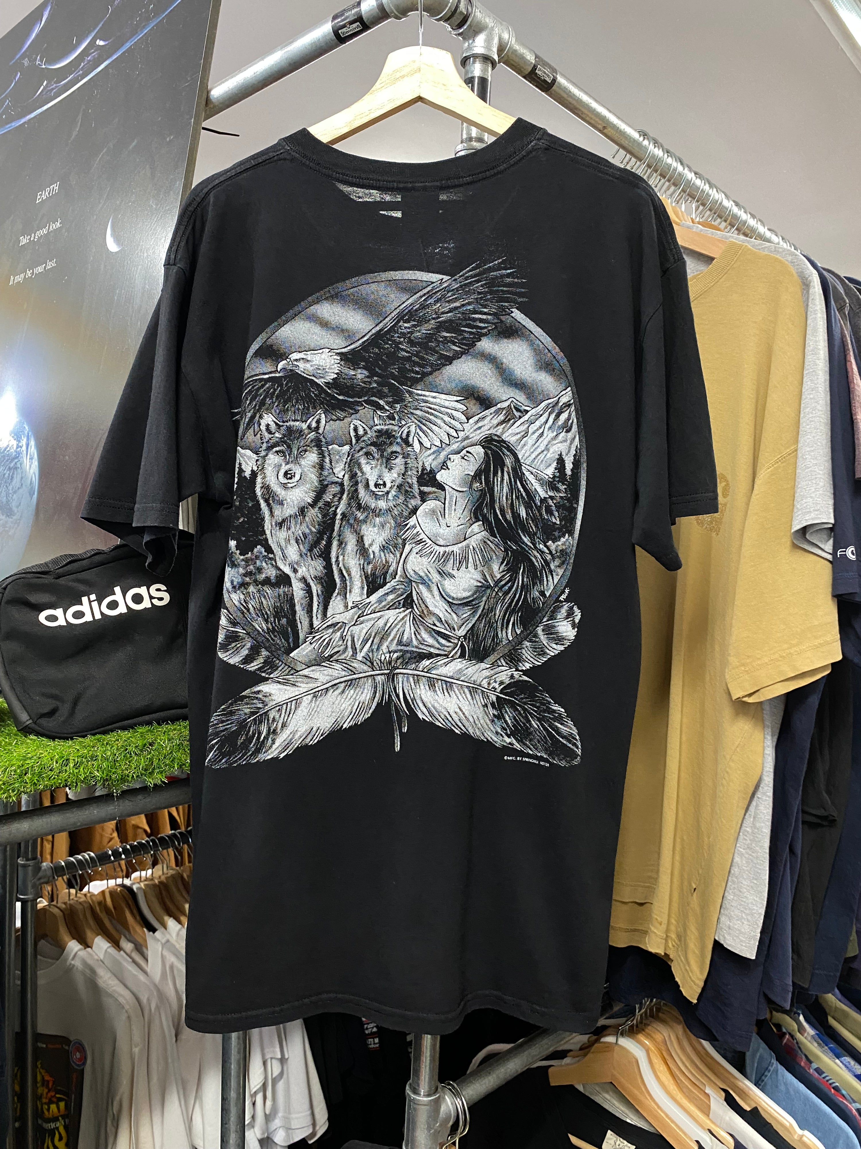 [L] 2000s Native American x Wolves x Eagle Black DS Tee