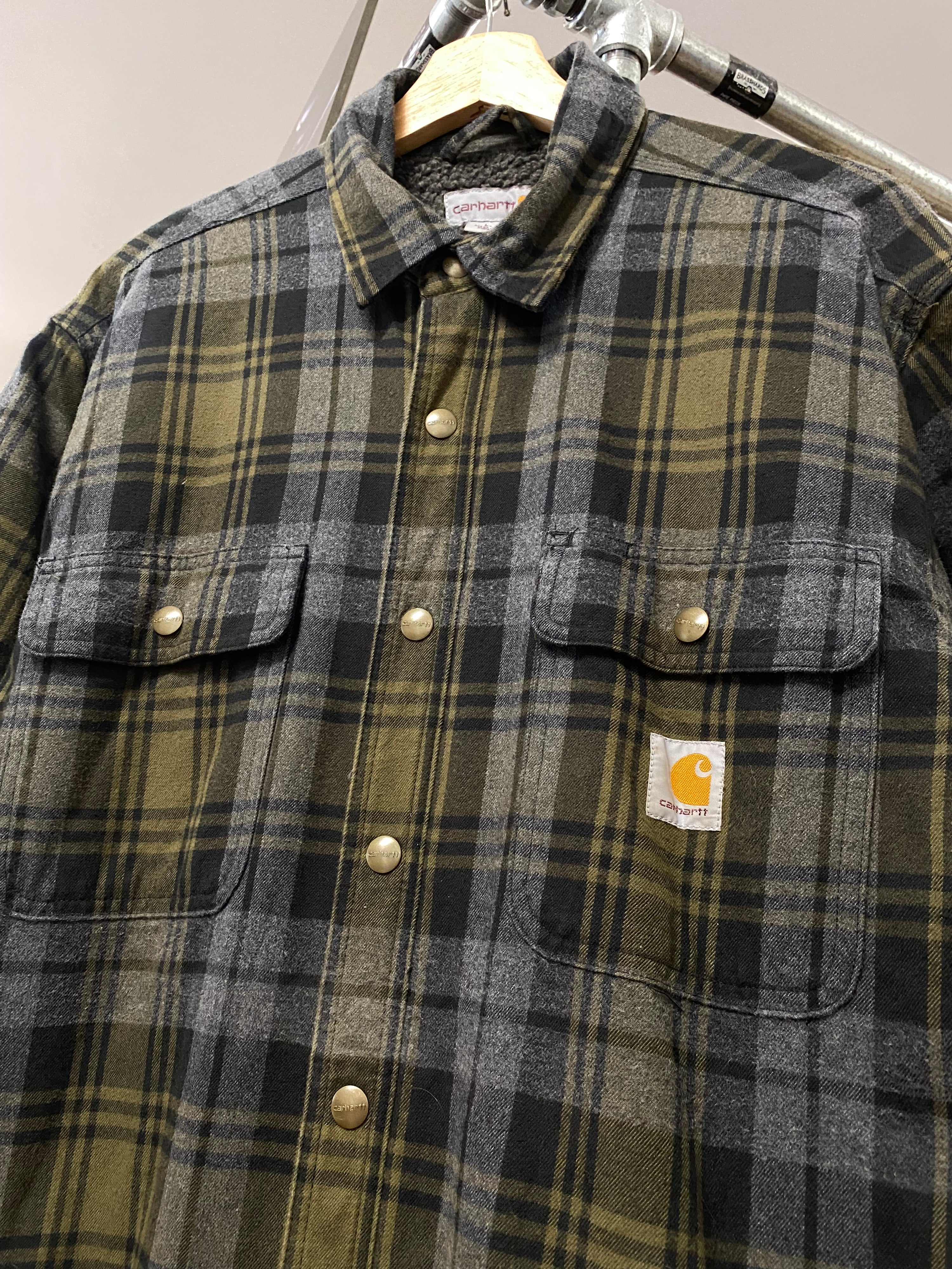 L - Carhartt Green/Grey Plaid Fleece Lined Jacket