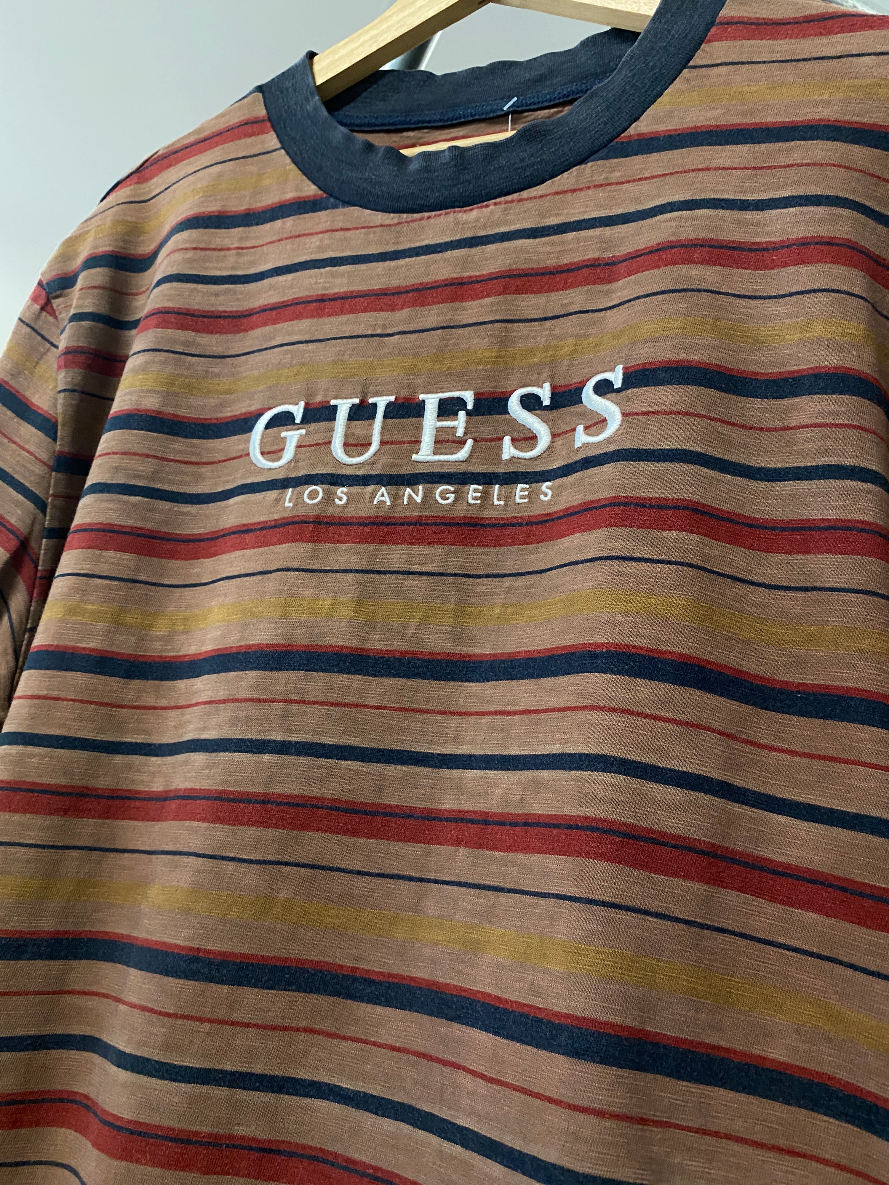 L - Guess Originals Brown Striped Embroidered Tee