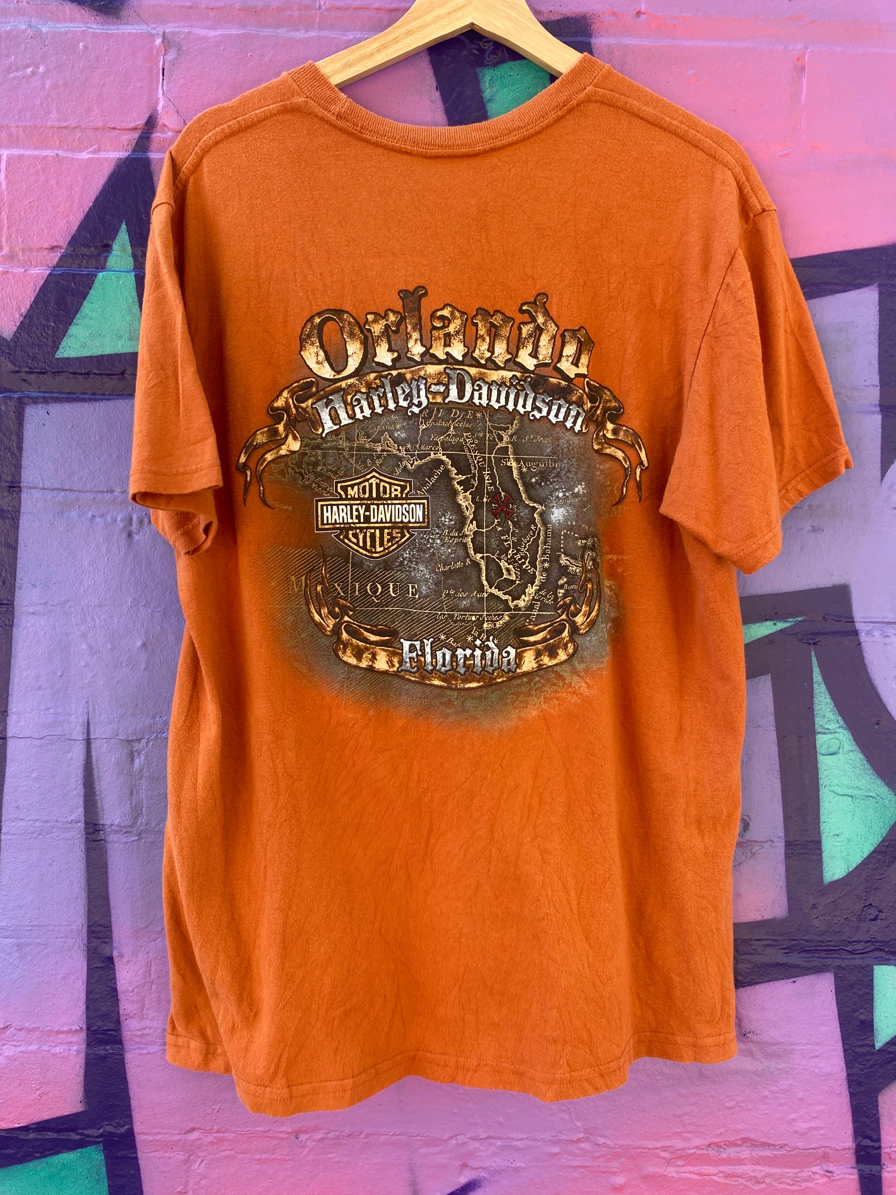 L - HD Orlando, Florida Pirate Skull DS Orange Tee