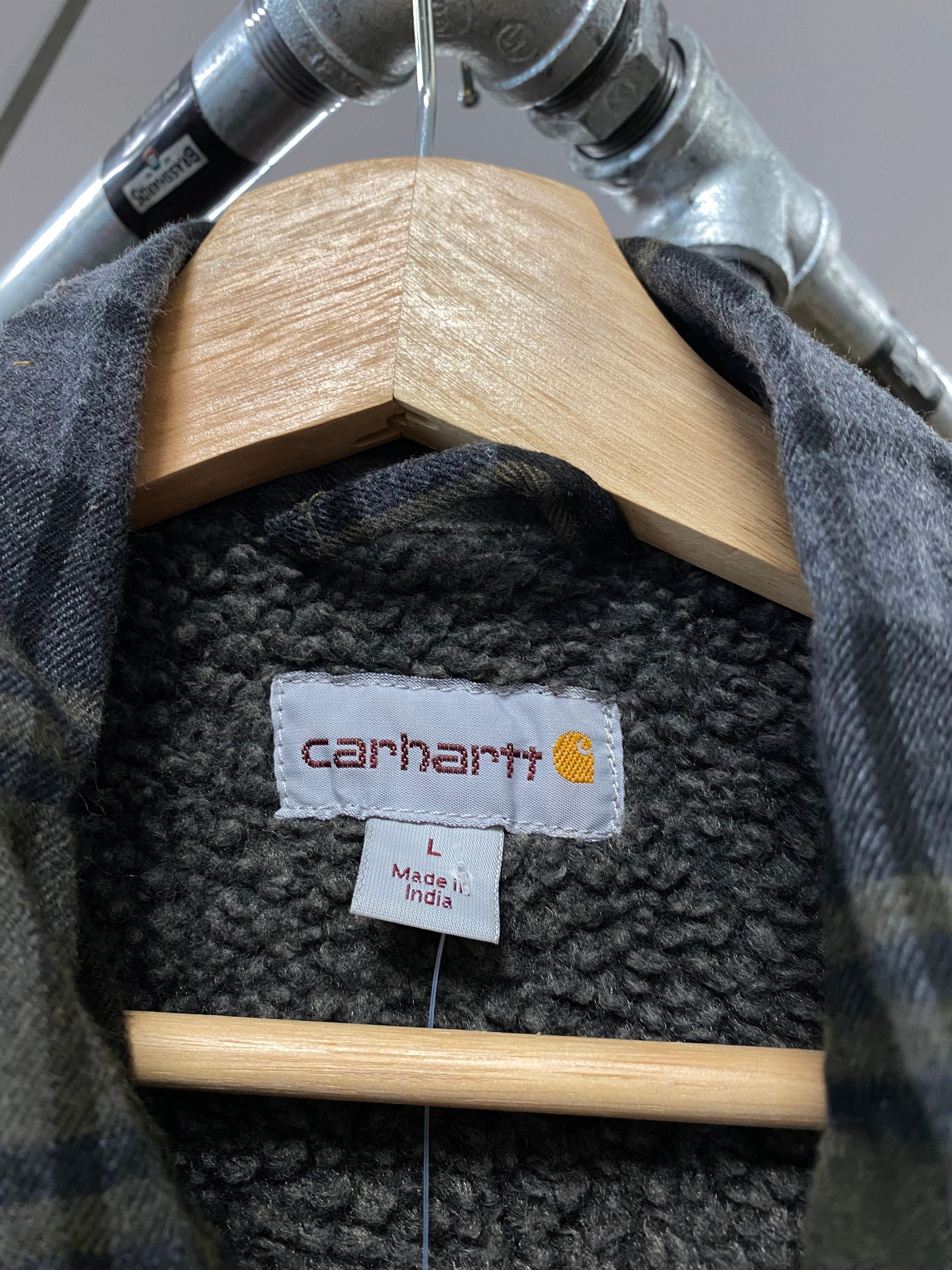 L - Carhartt Green/Grey Plaid Fleece Lined Jacket