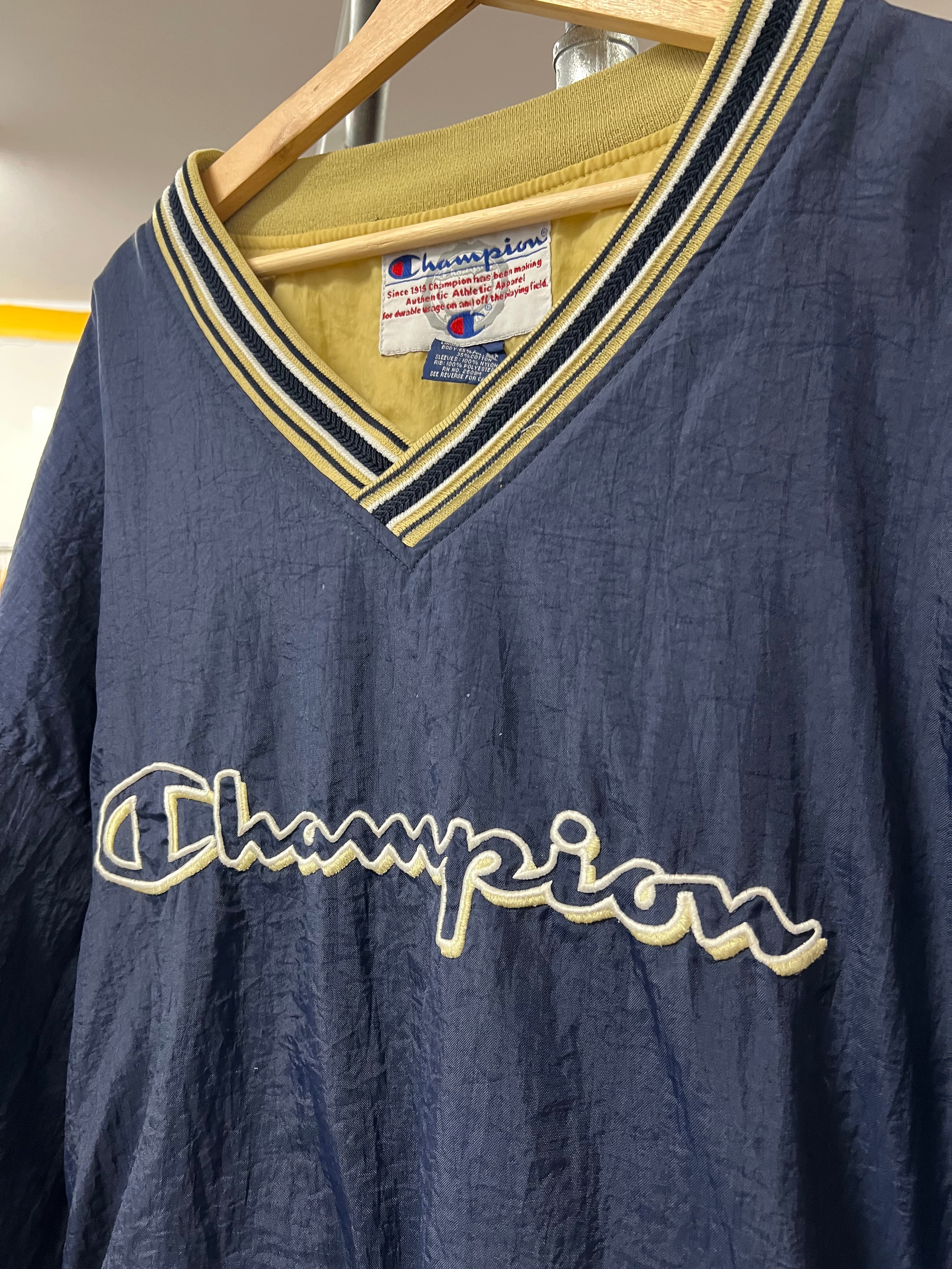 2XL - Vintage Champion Spellout V Neck Pullover Blue/Gold