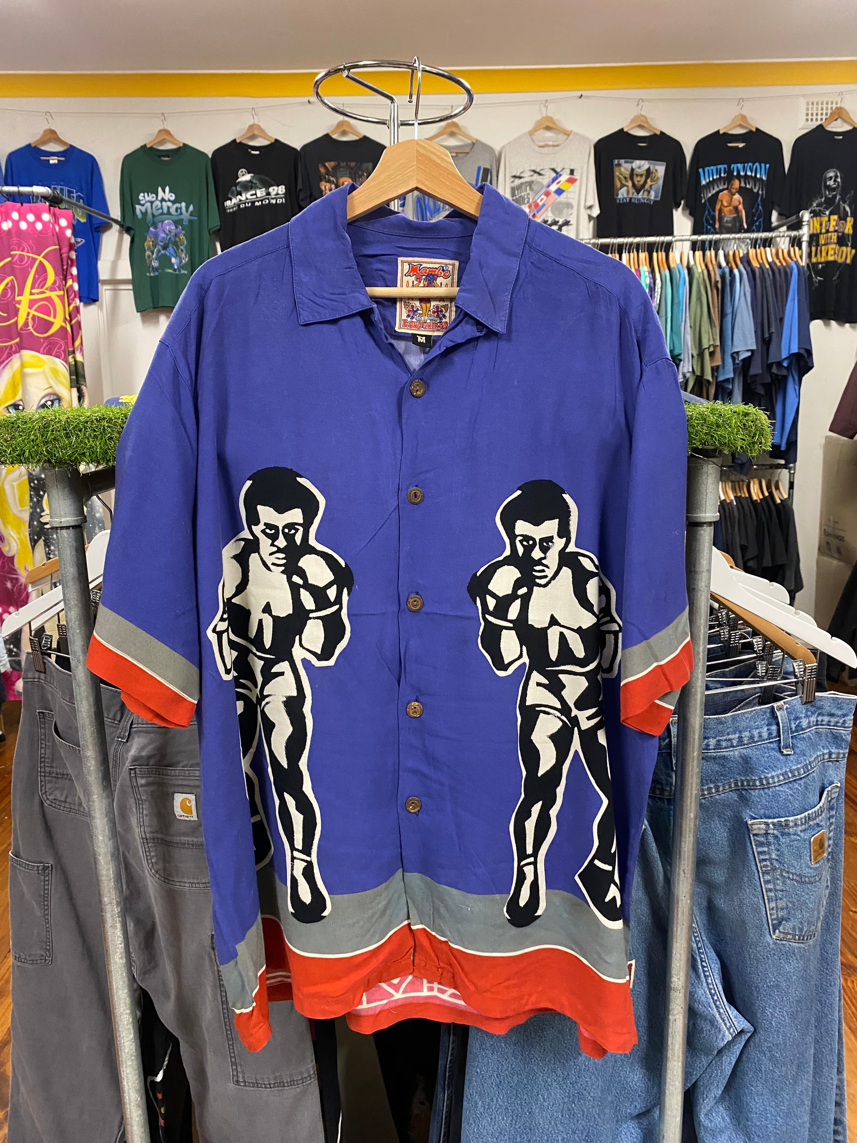 [M] 1990s Mambo Loud Boxing Man Blue Button Up