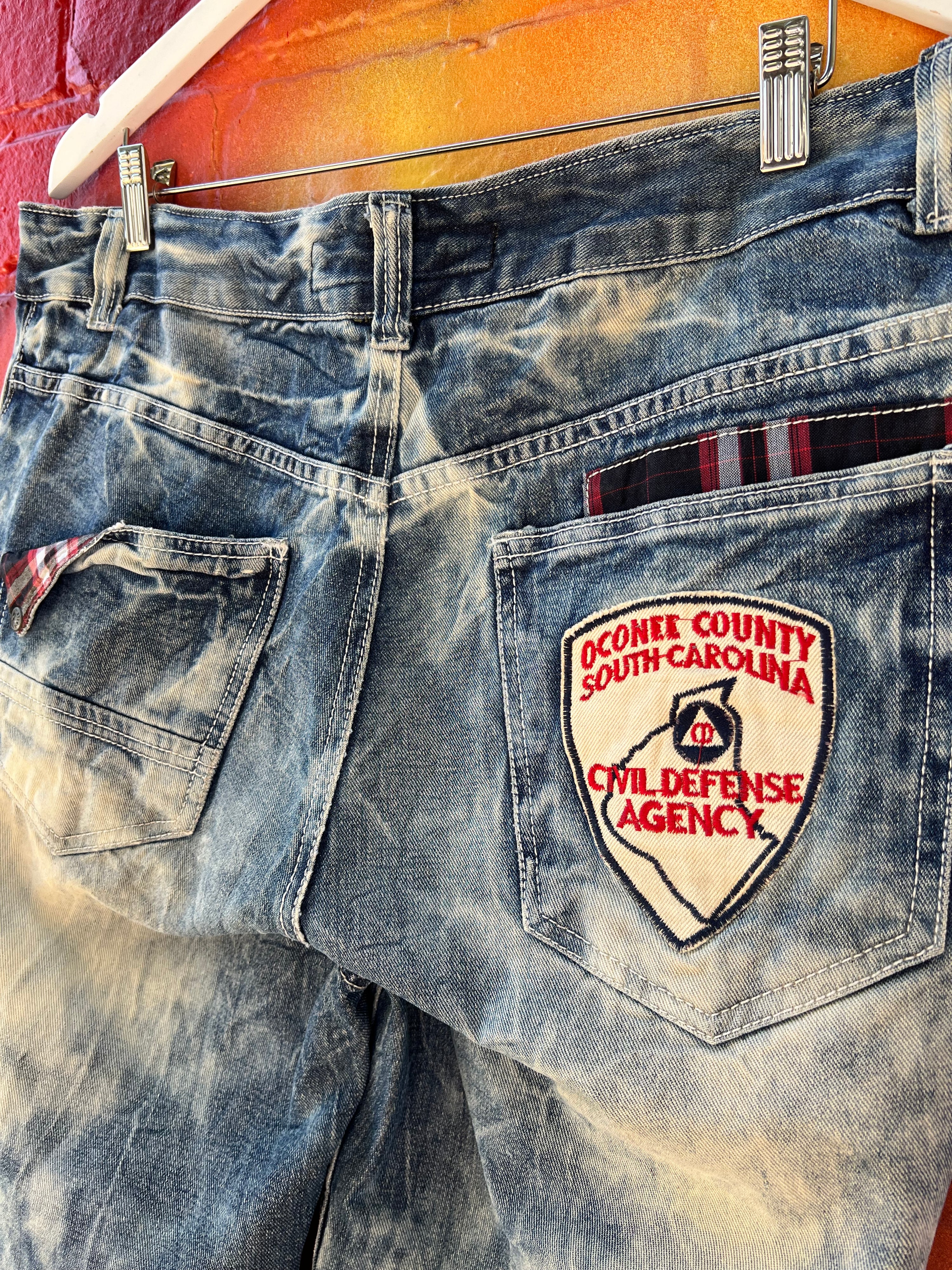 36 - X File Civil Defense Agency Stone Wash Denim Shorts