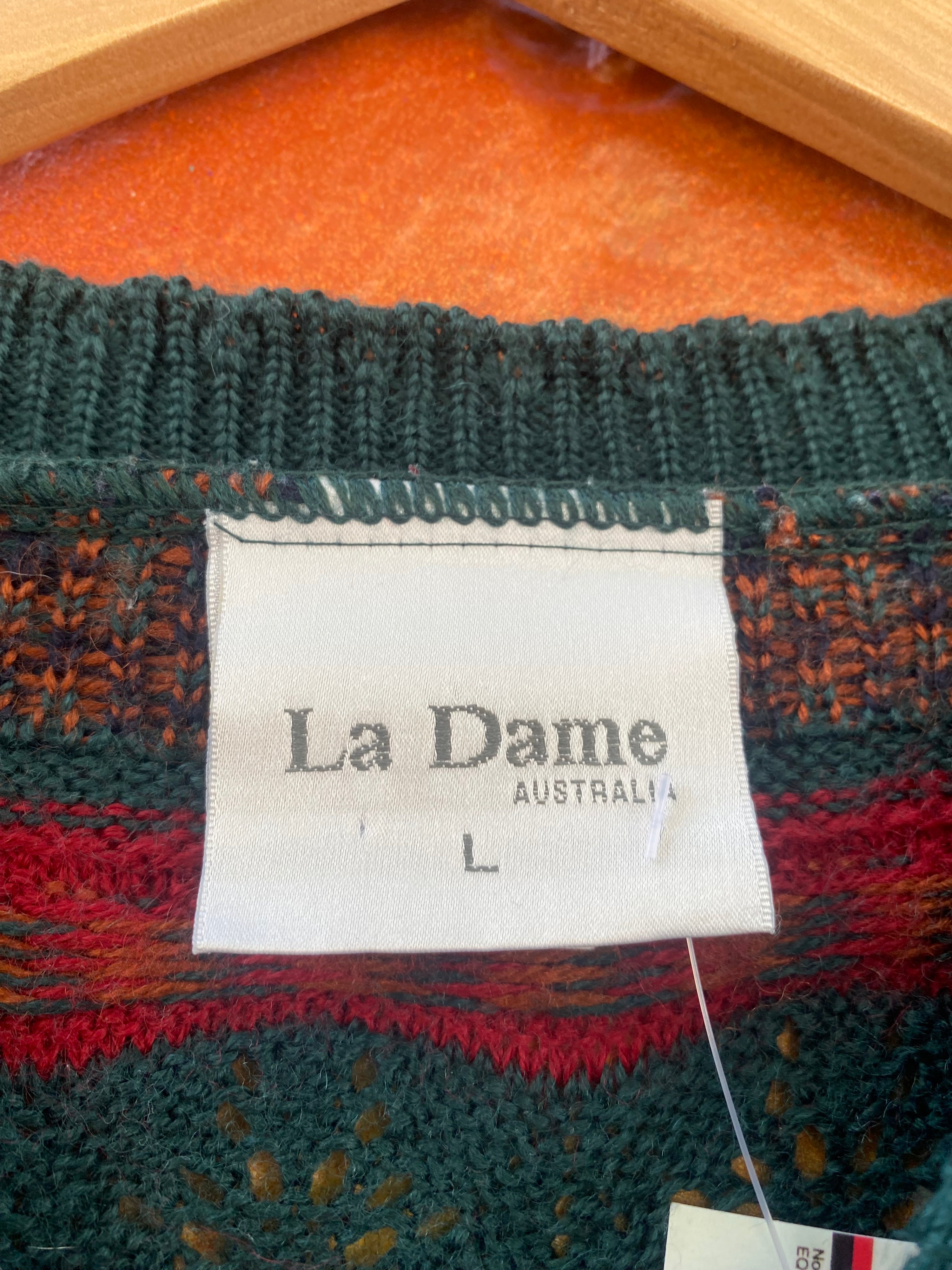 [L] La Dame Green/Red Roses Knit Sweater