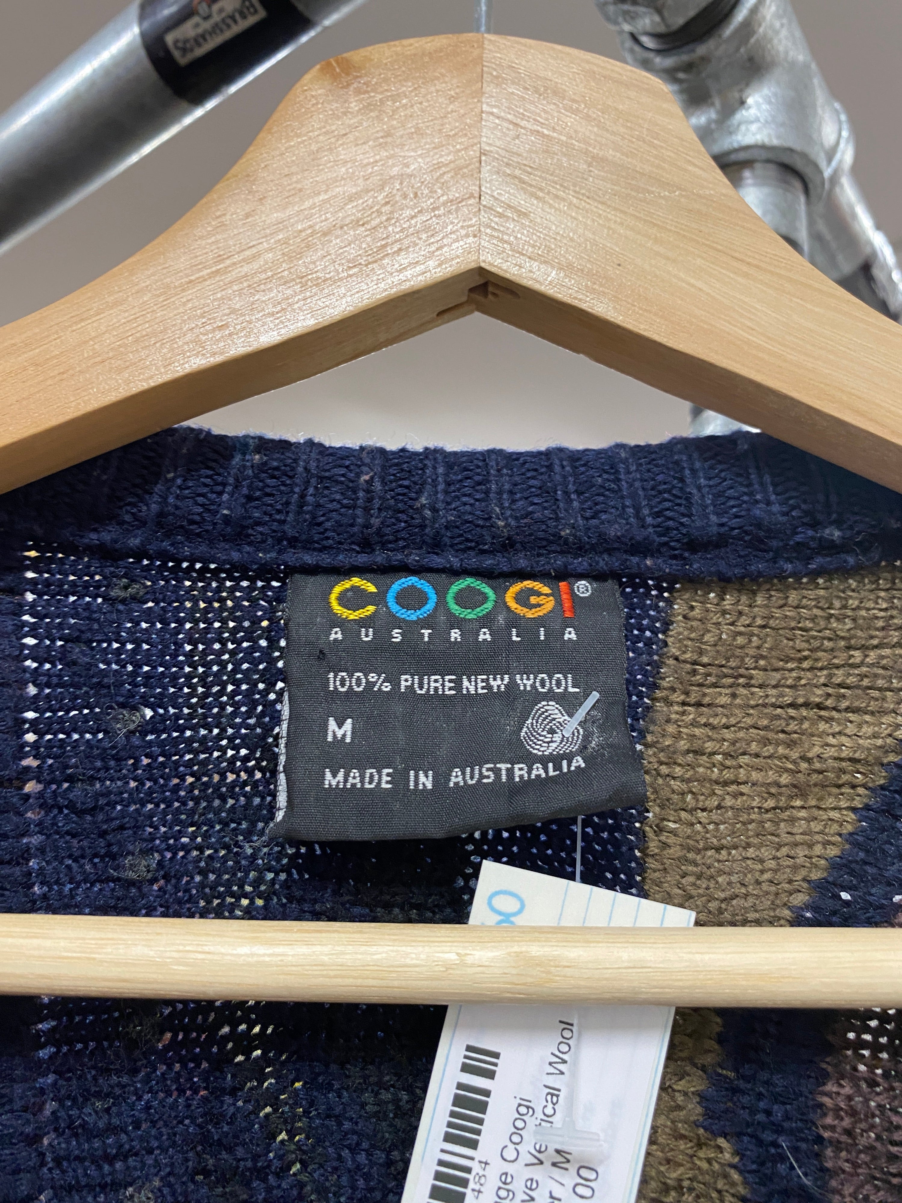 M - Vintage Coogi Navy/Straw/Mauve Vertical Wool Jumper