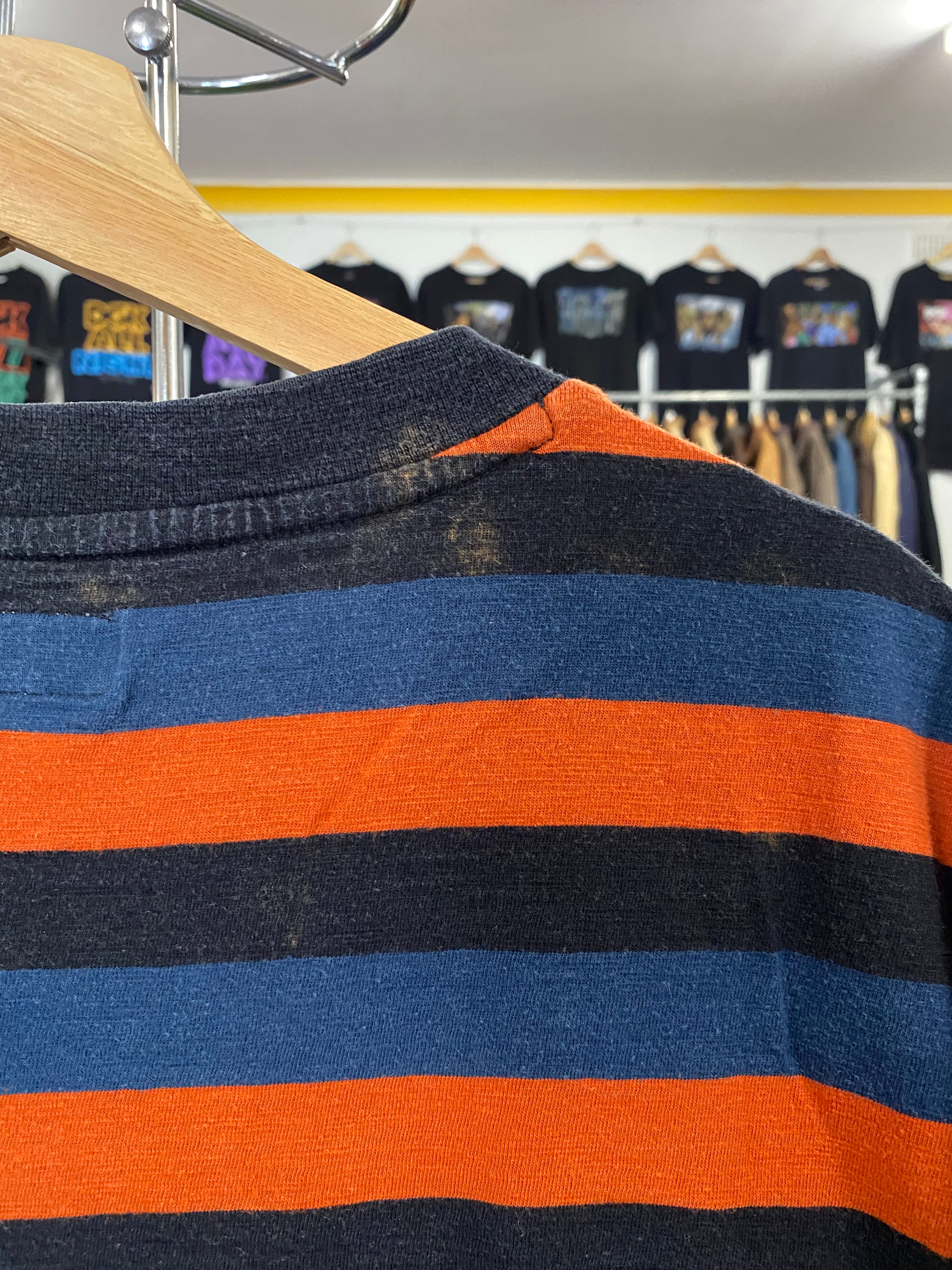 [L] Embroidered Guess Originals Blue/Orange Striped Tshirt