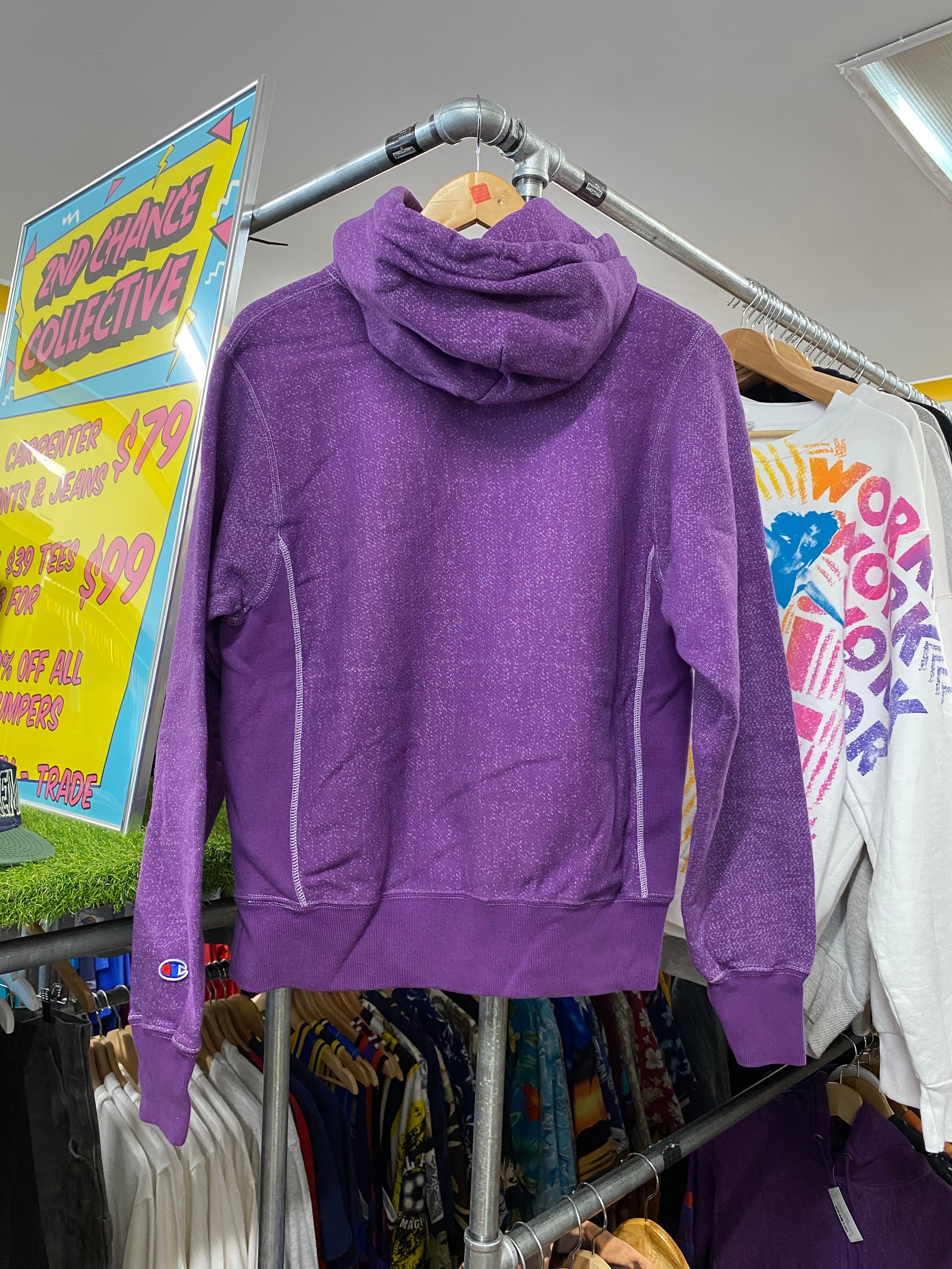 S - Champion Dyed RW Snow Purple Spellout Hoodie