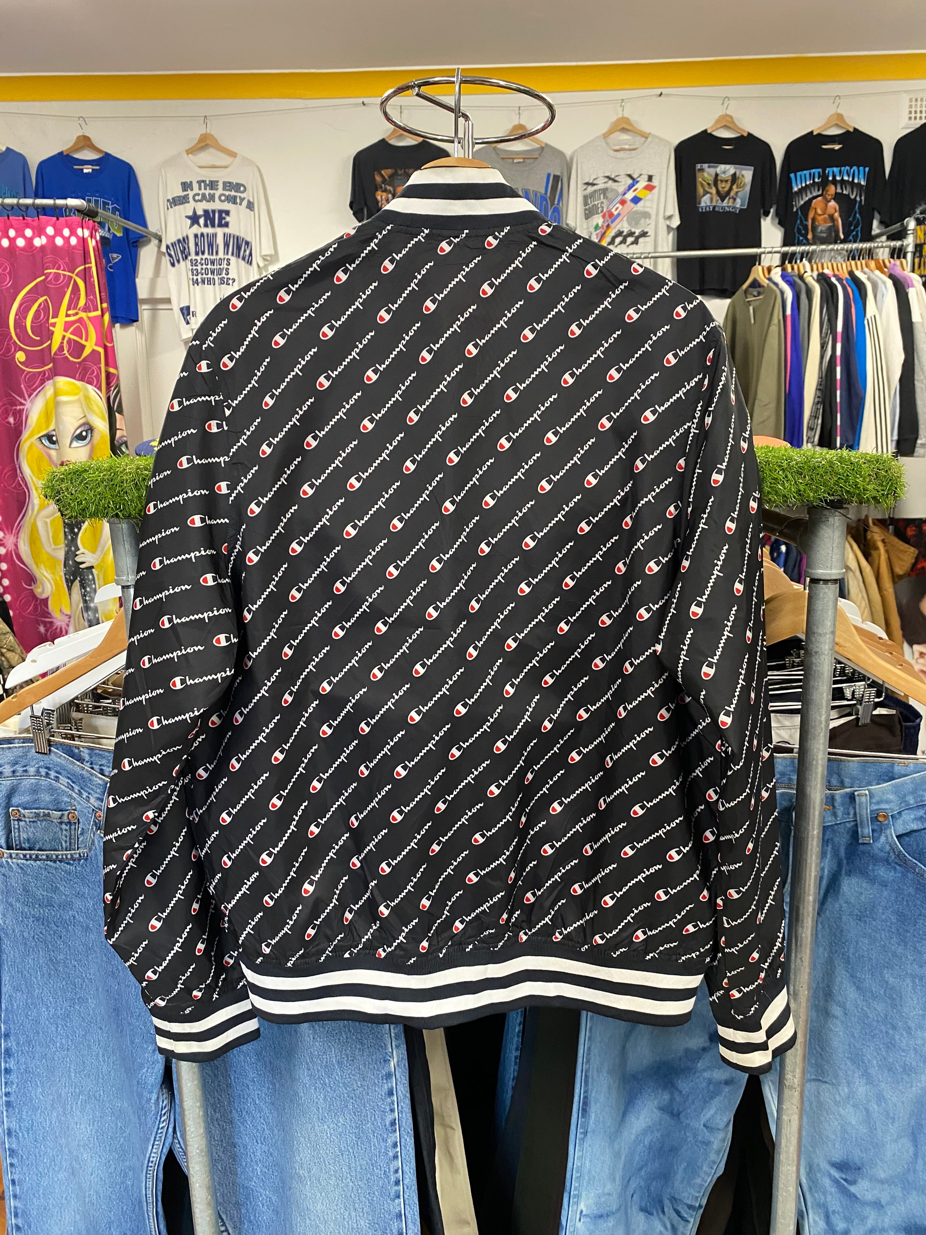 [M] Champion Little Spellout AOP Black Zip Up Jacket