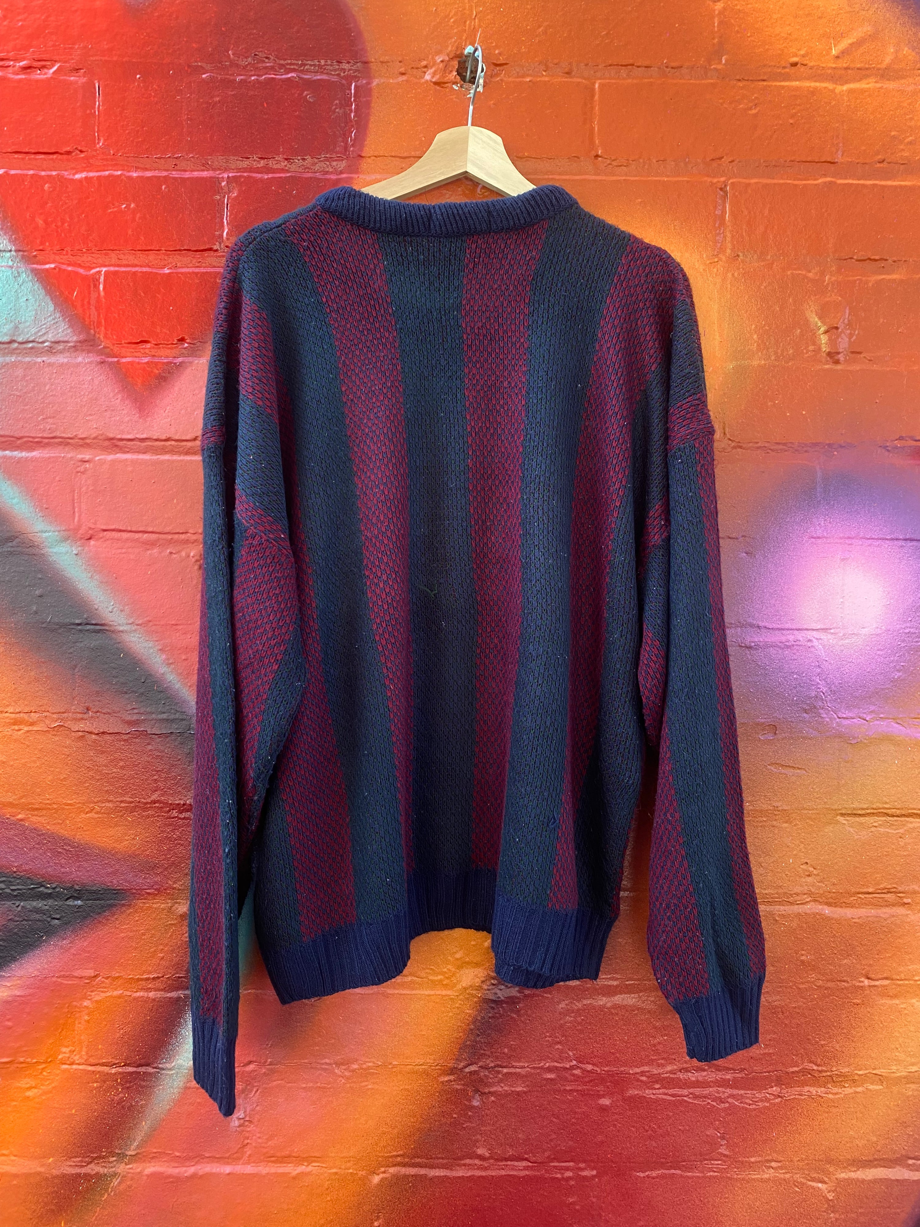 [M] New Era Red/Blue Vertical Stripes Knit Sweater