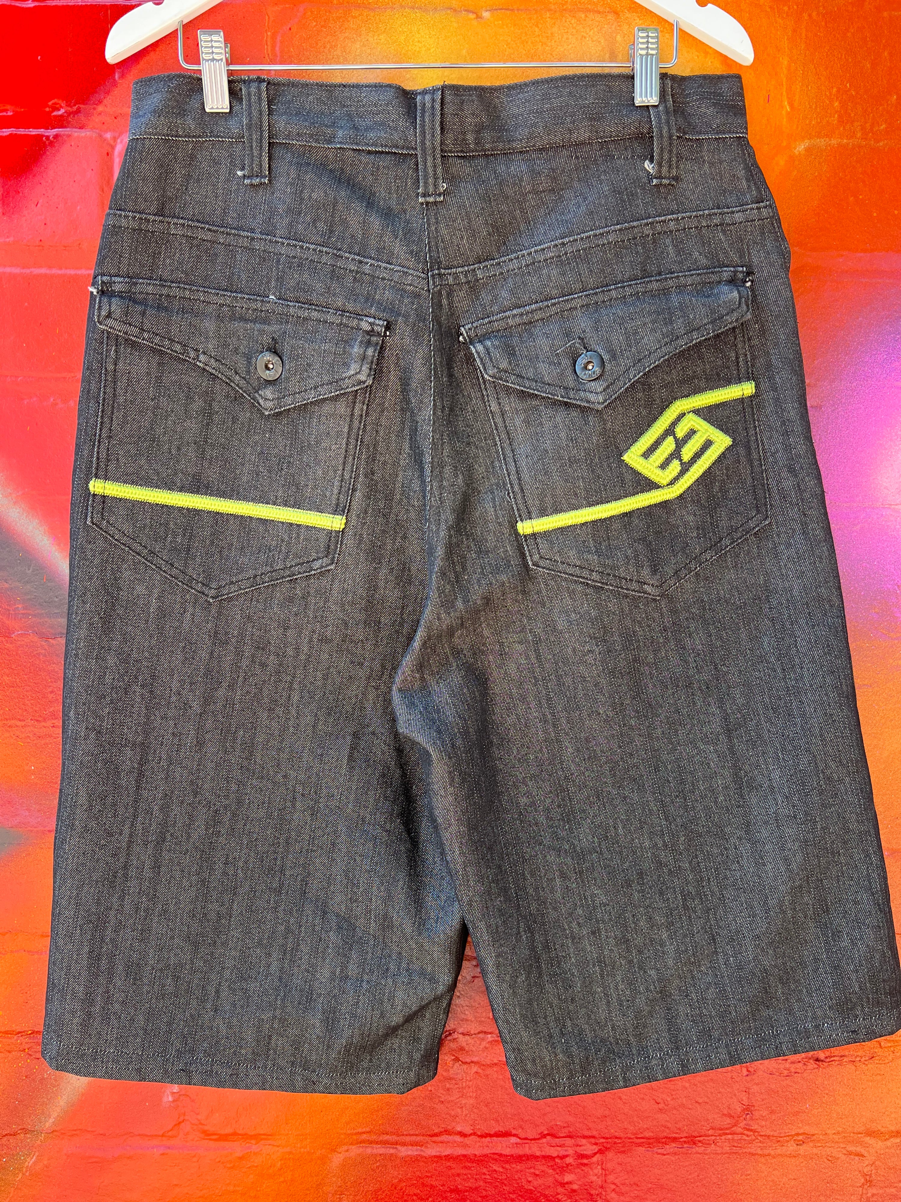 32 - Enyce Black Denim with Green Embroidery Shorts