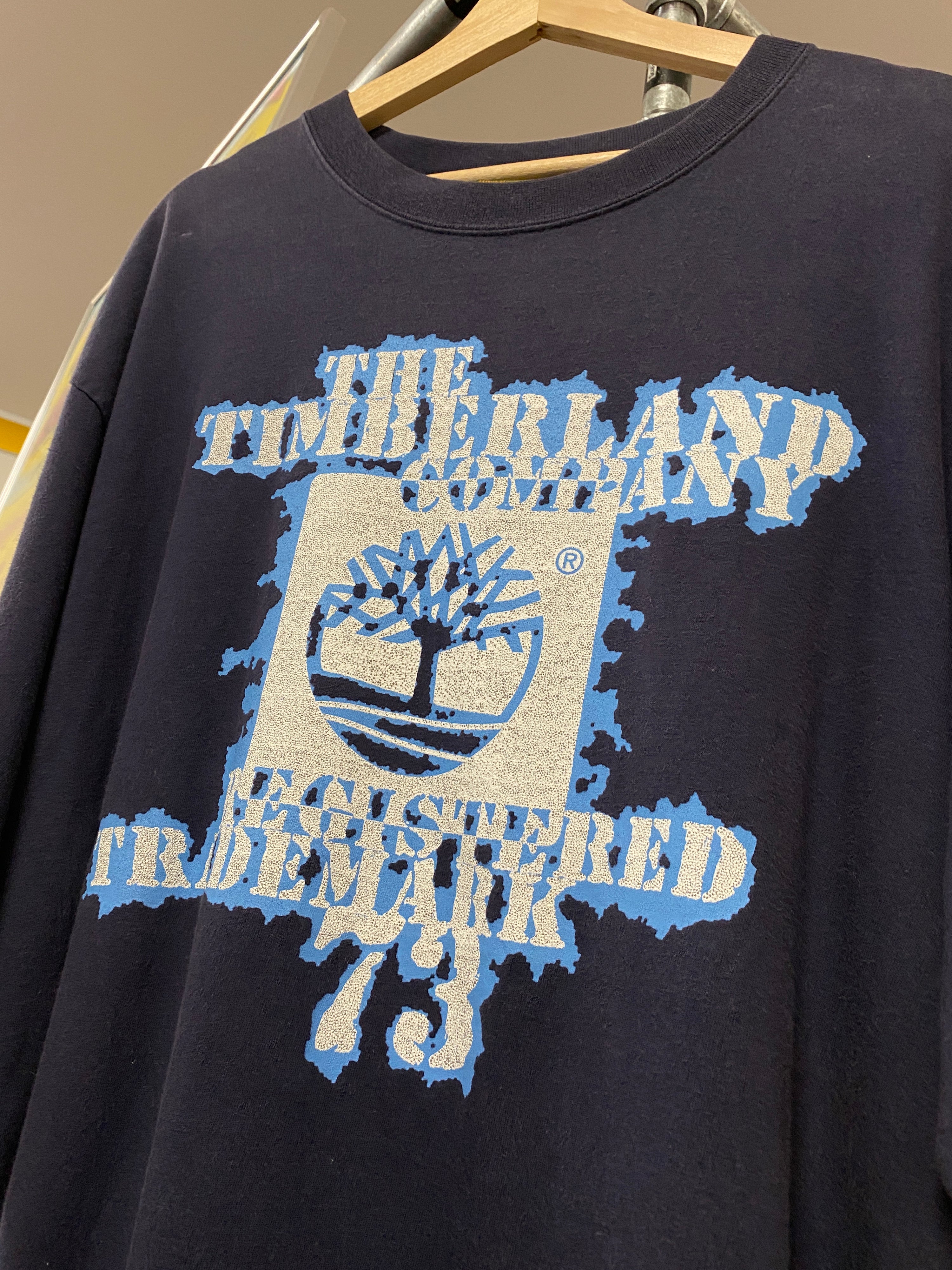L - Timberland 'Registered Trademark' Icy Blue Big Print Navy Tee