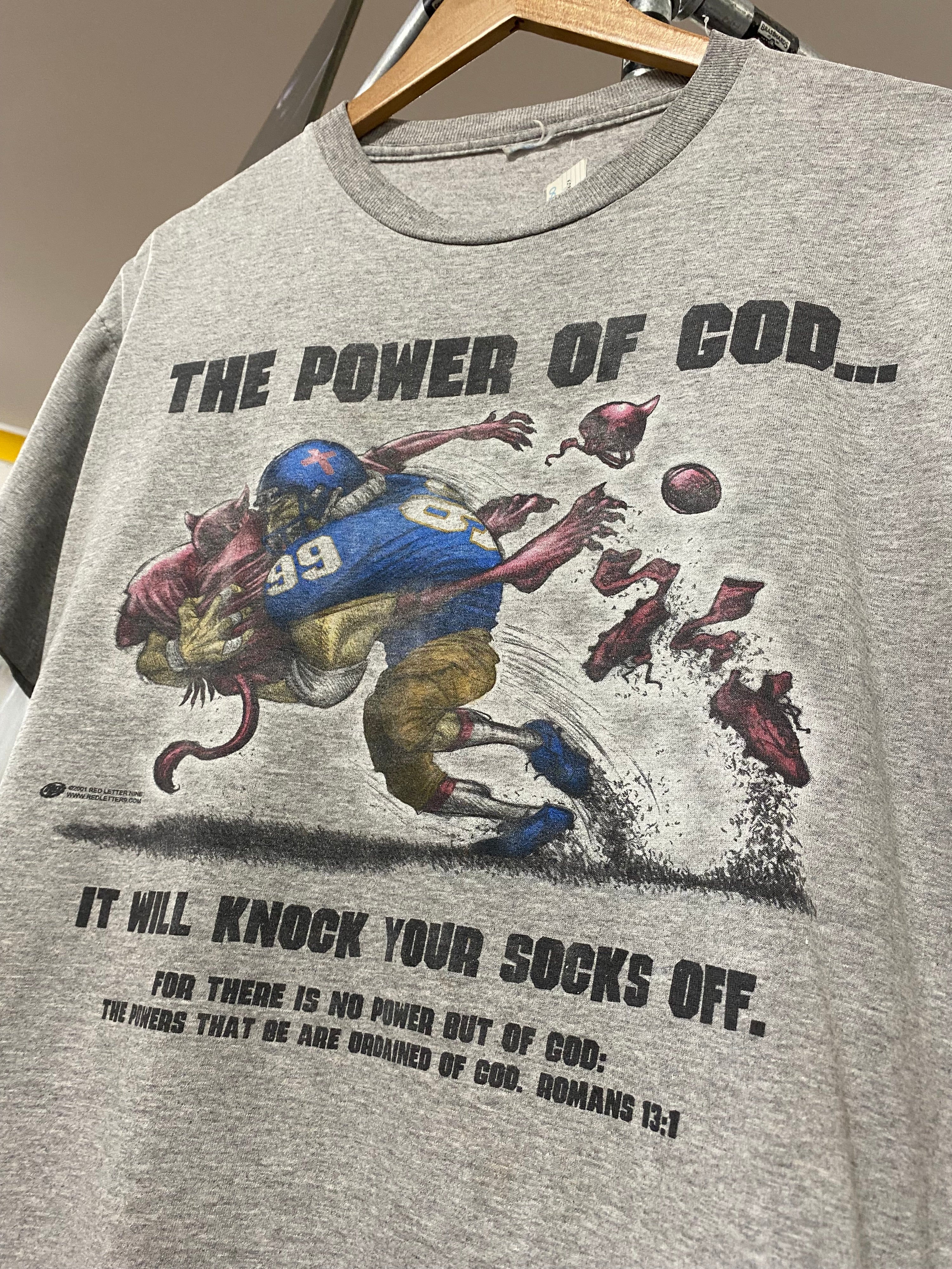 XL - Vintage The Power Of God Grey Football Tee