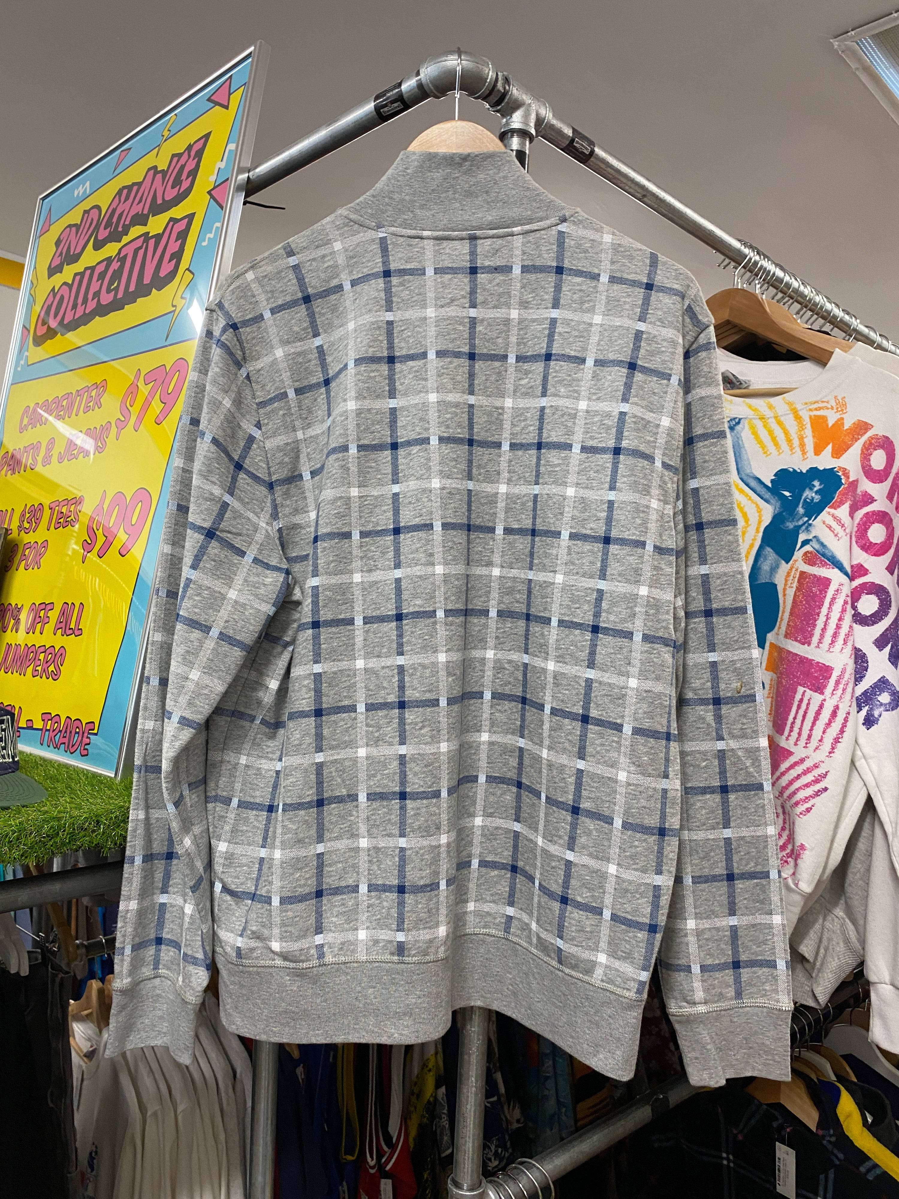 L - Nautica Grey 1/4 Zip Blue/White Lined Check Jumper