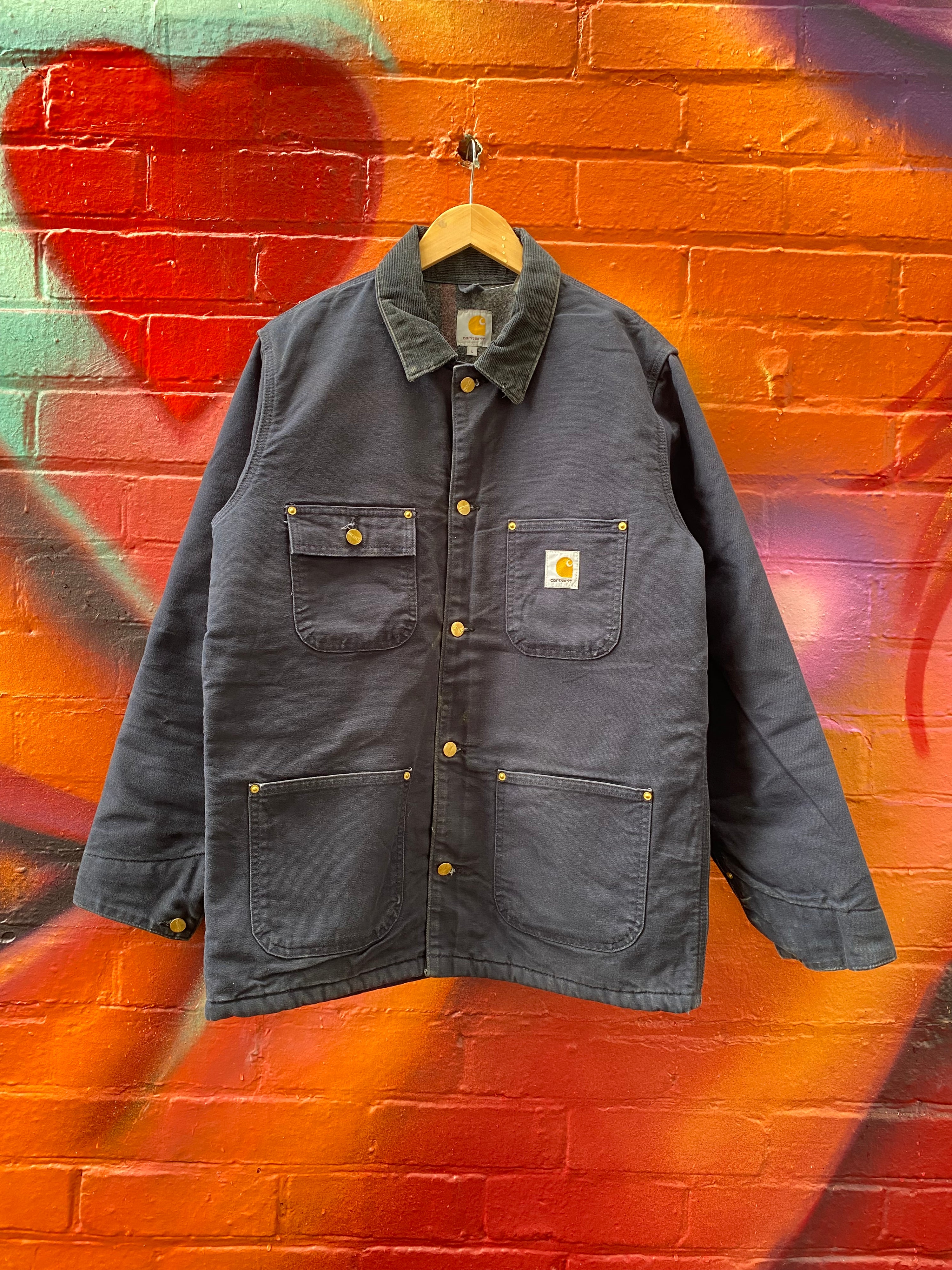 [L] Carhartt Navy Blue Chore Coat Blanket Lined