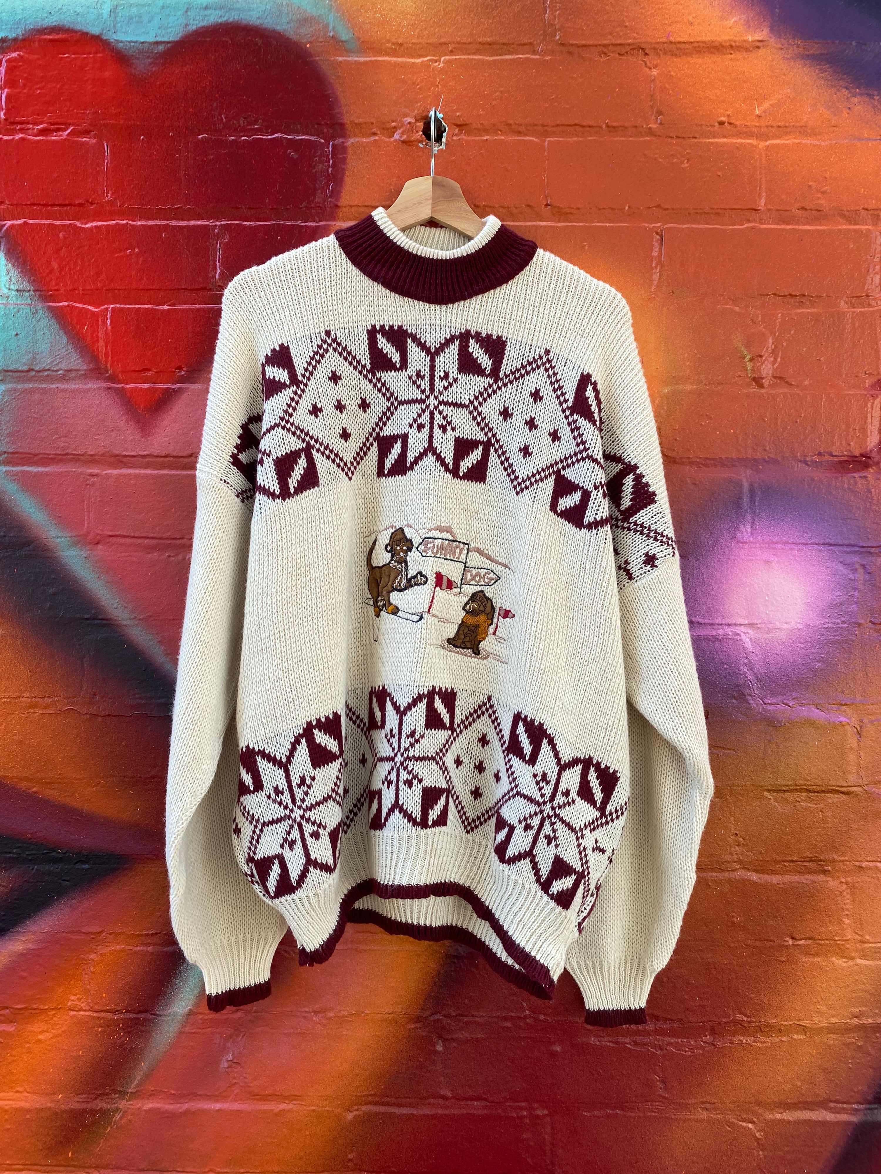 [XL] Funny Dog Cream/Red Knit Sweater