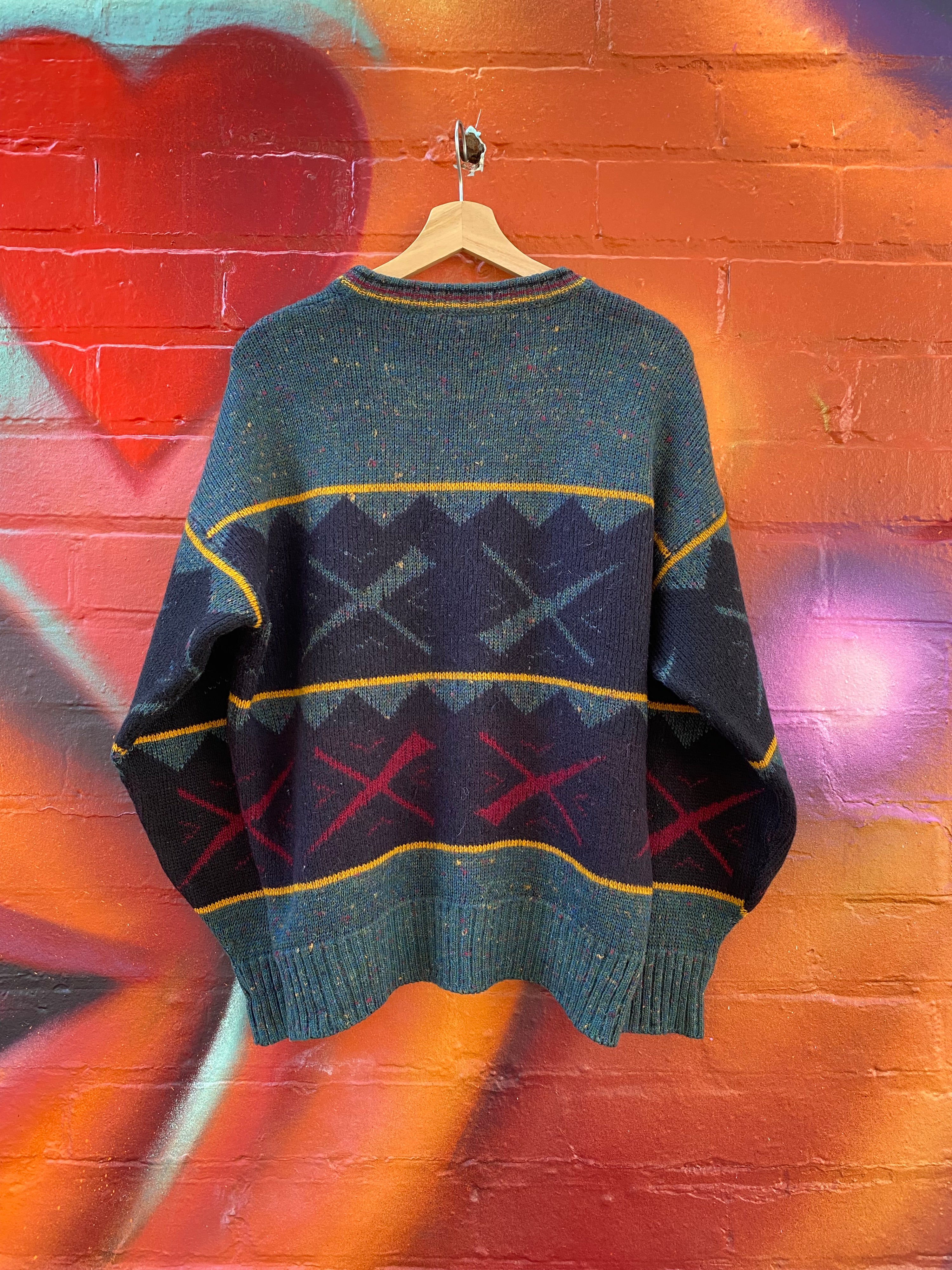 [M] Sovrano Green/RedYellow 'X' Design Knit Sweater