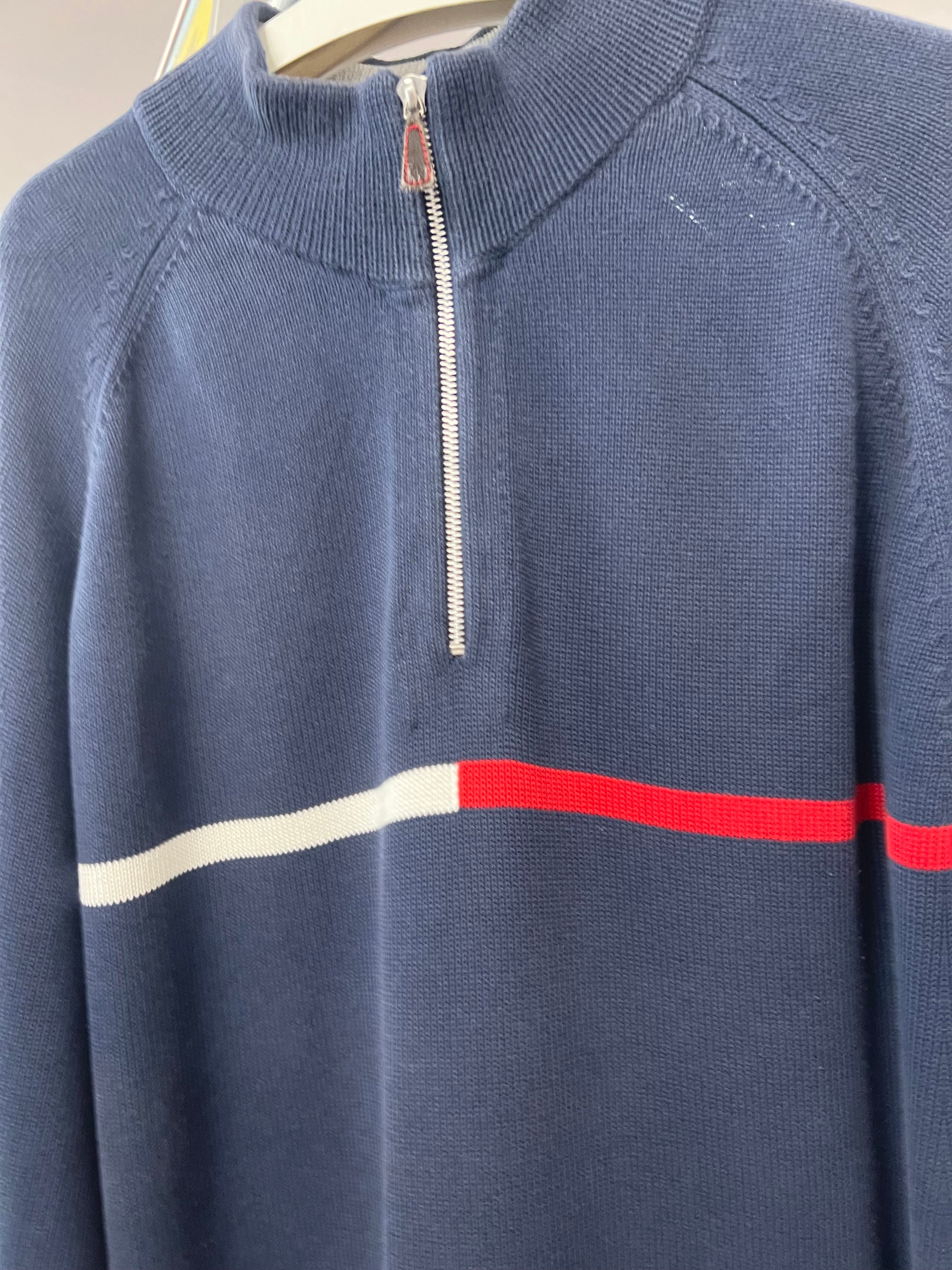 2XL - Tommy Hilfiger 1/4 Zip Blue Knitted Jumper