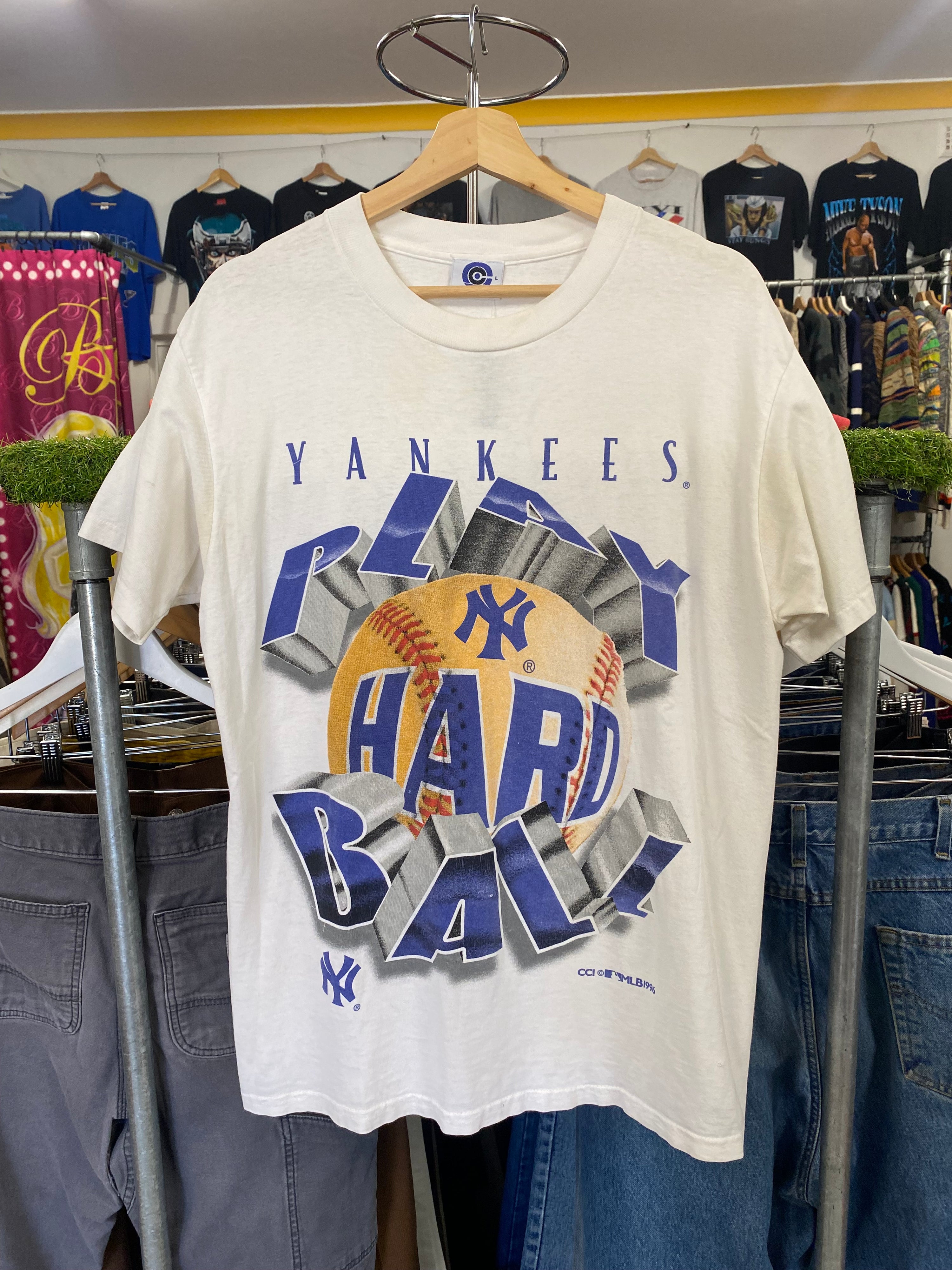 L - 1996 Yankees Play Hard Ball Vintage White Tee