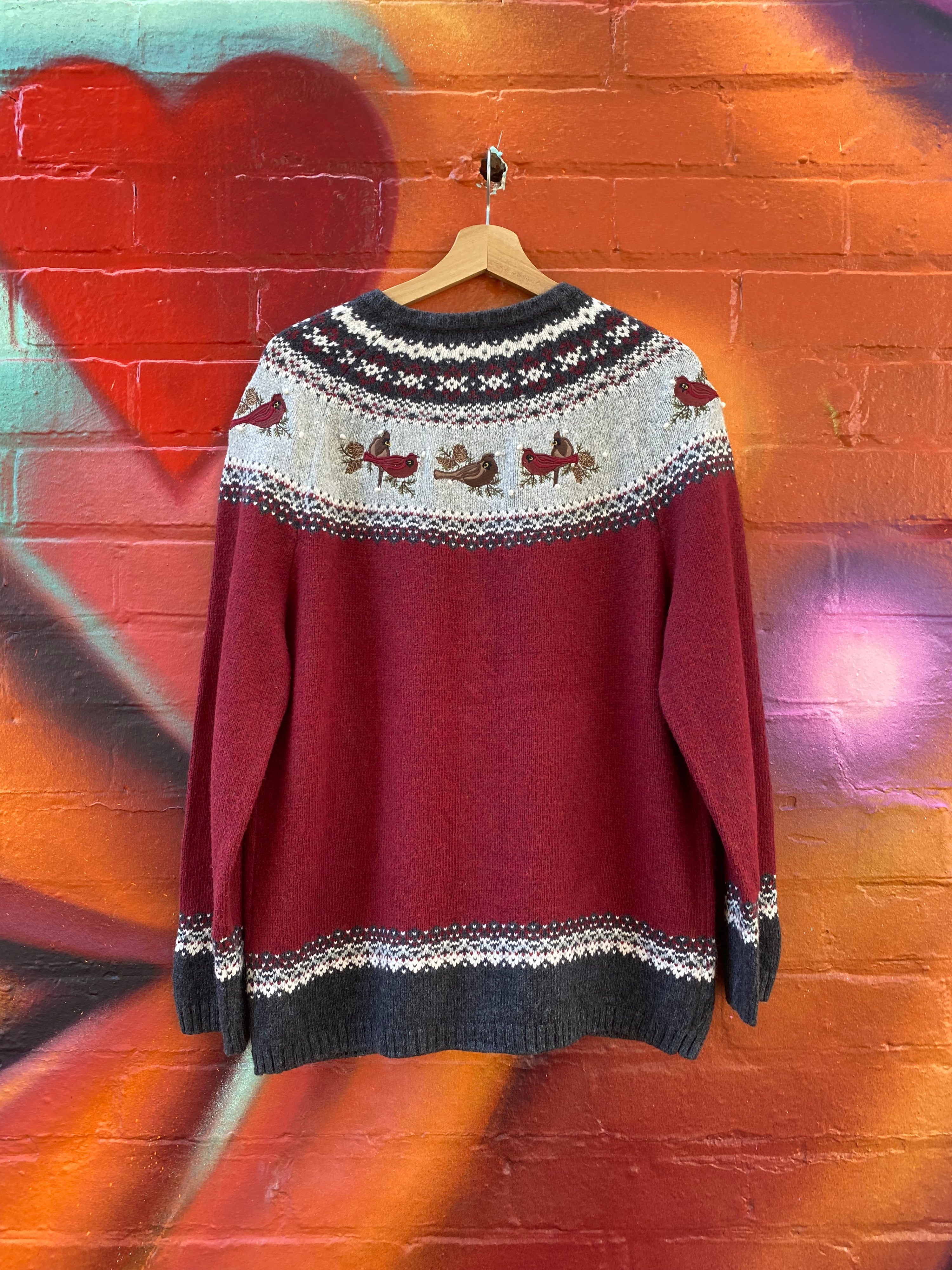[L] Red/Grey Zip-up Knit with Birds