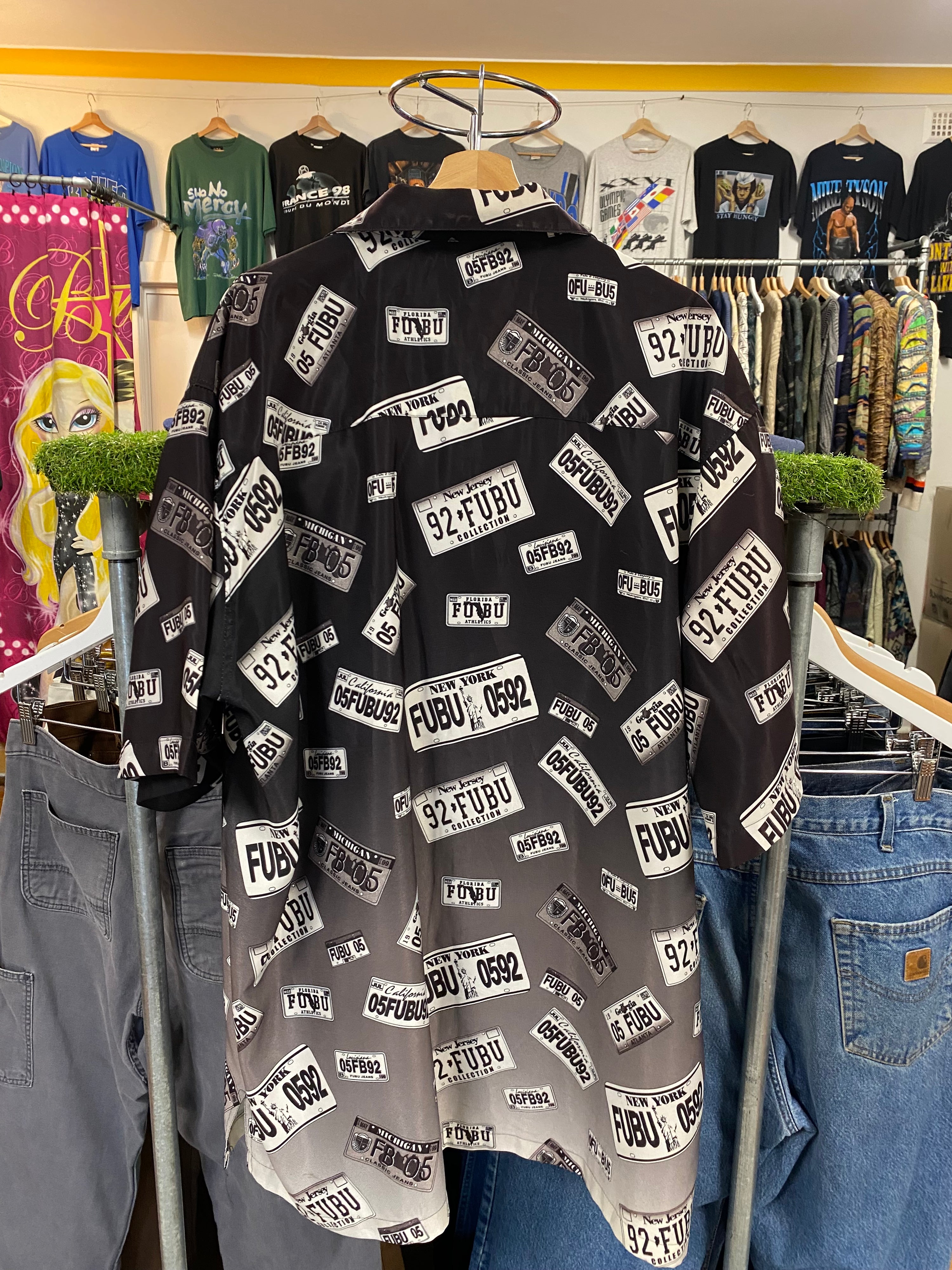 [2XL] Vintage FUBU Number Plate All Over Print SS Button Up