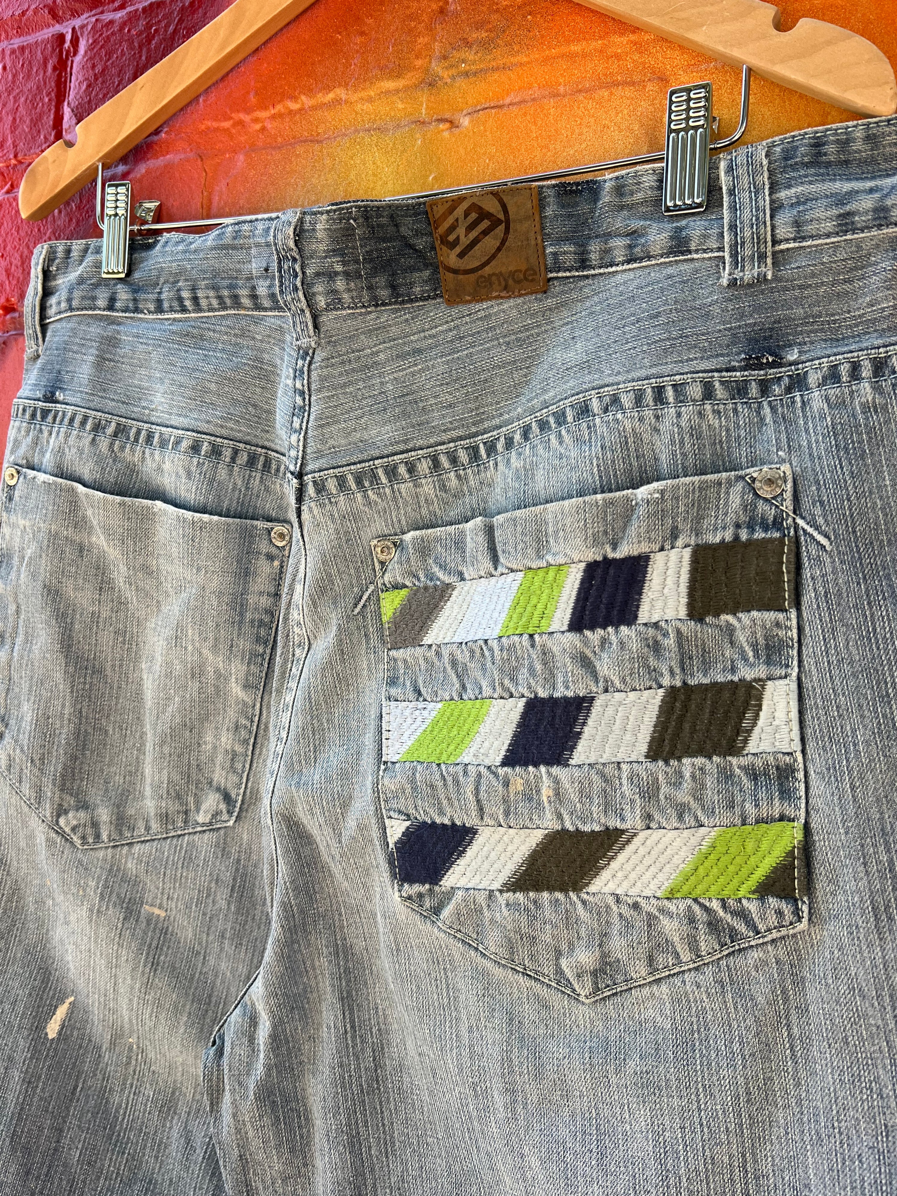 36 - Enyce Denim Shorts Colourful Patches Back Pocket Embroidery