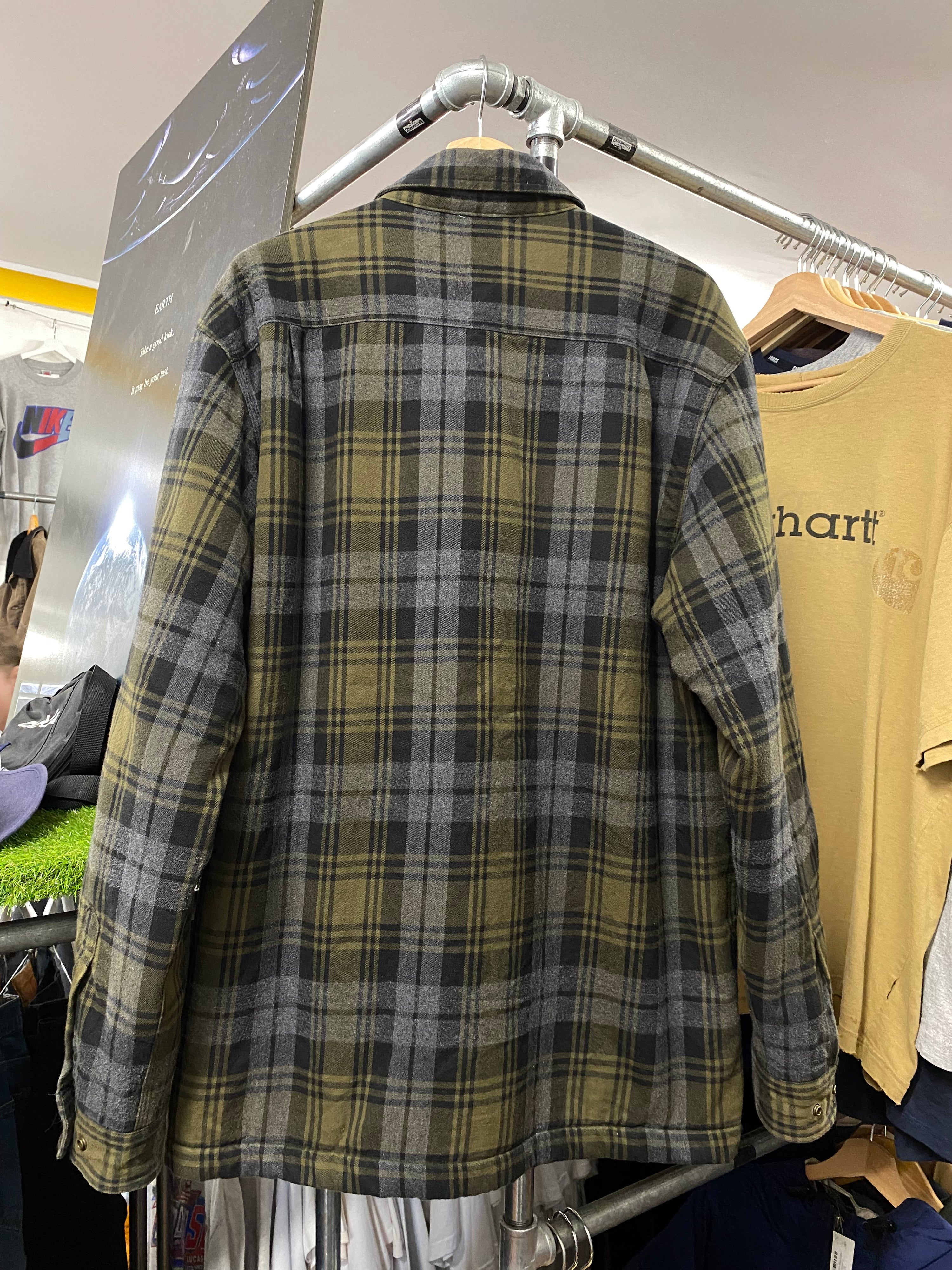 L - Carhartt Green/Grey Plaid Fleece Lined Jacket