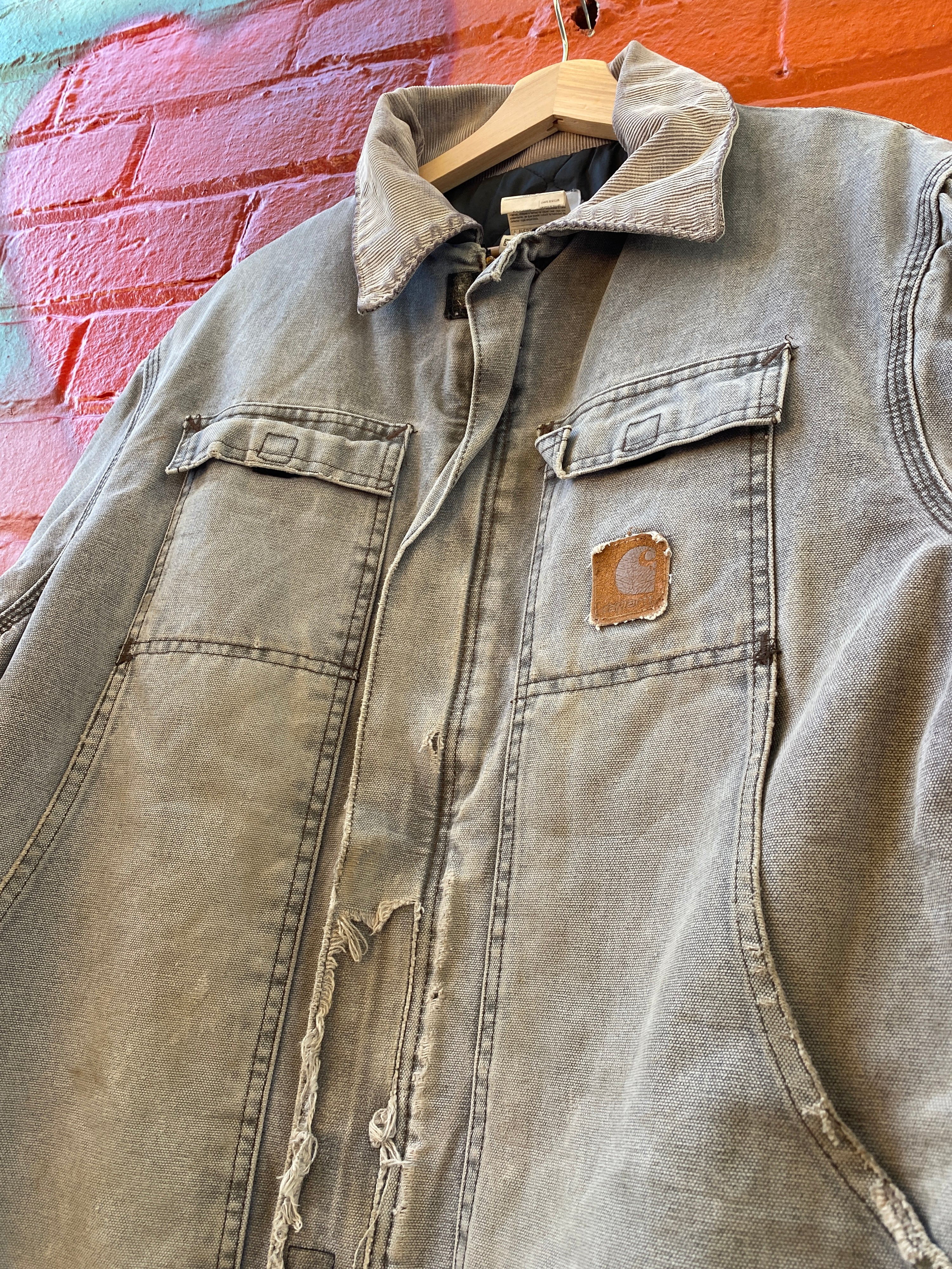 L - Carhartt Faded Grey Chore Jacket Thrashed