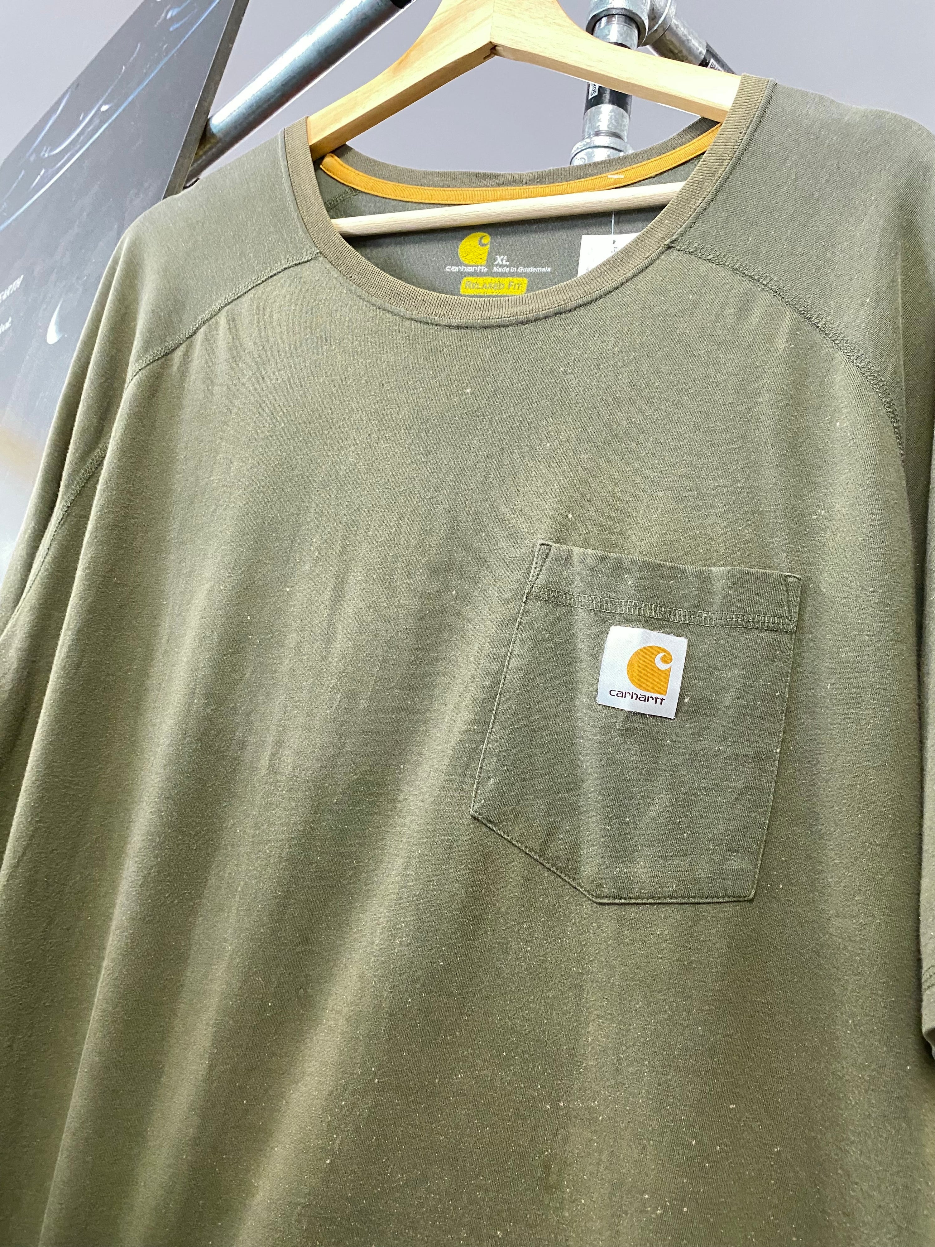 XL - Olive Green Carhartt Pocket Tee Bleach Spots