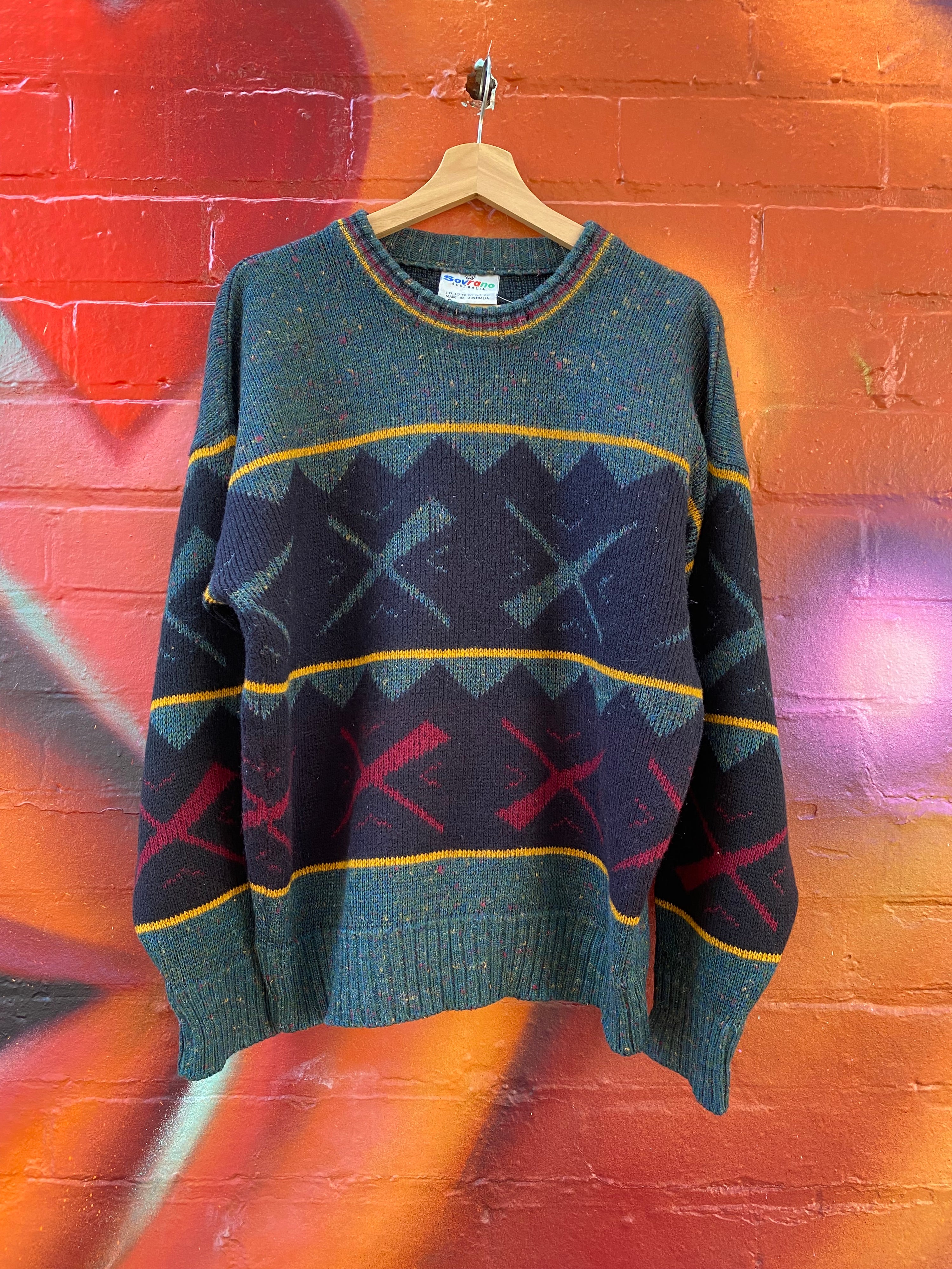 [M] Sovrano Green/RedYellow 'X' Design Knit Sweater