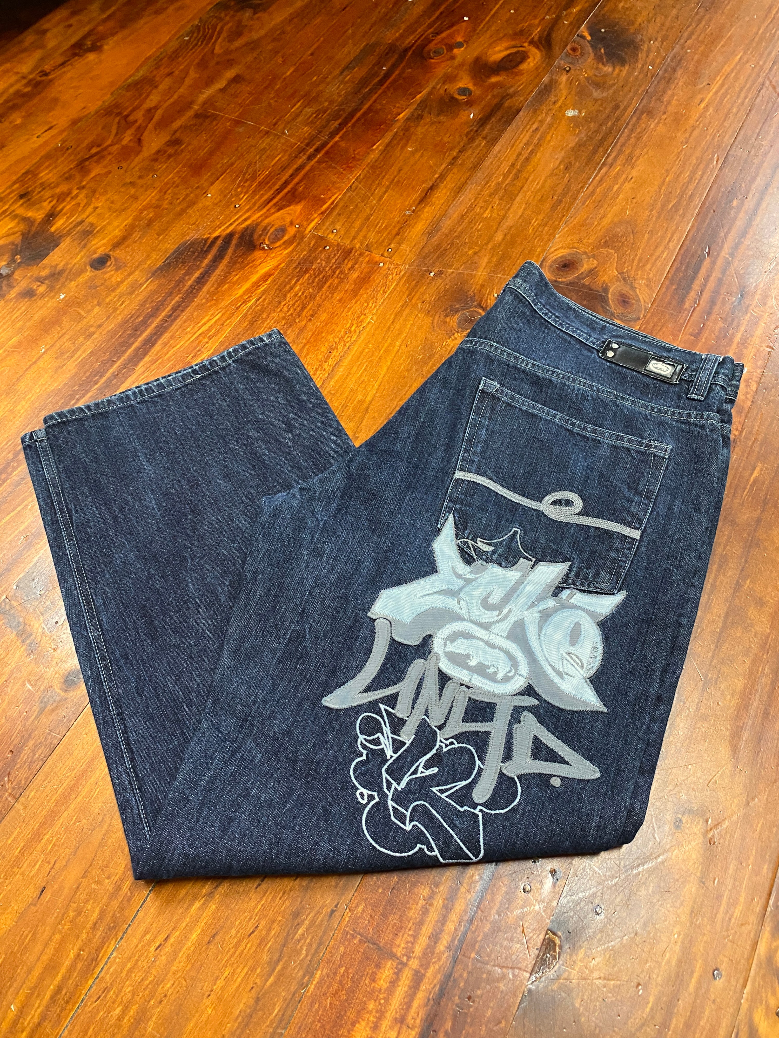 40 - ECKO Heavily Embroidered Rear Baggy Dark Blue  Jeans