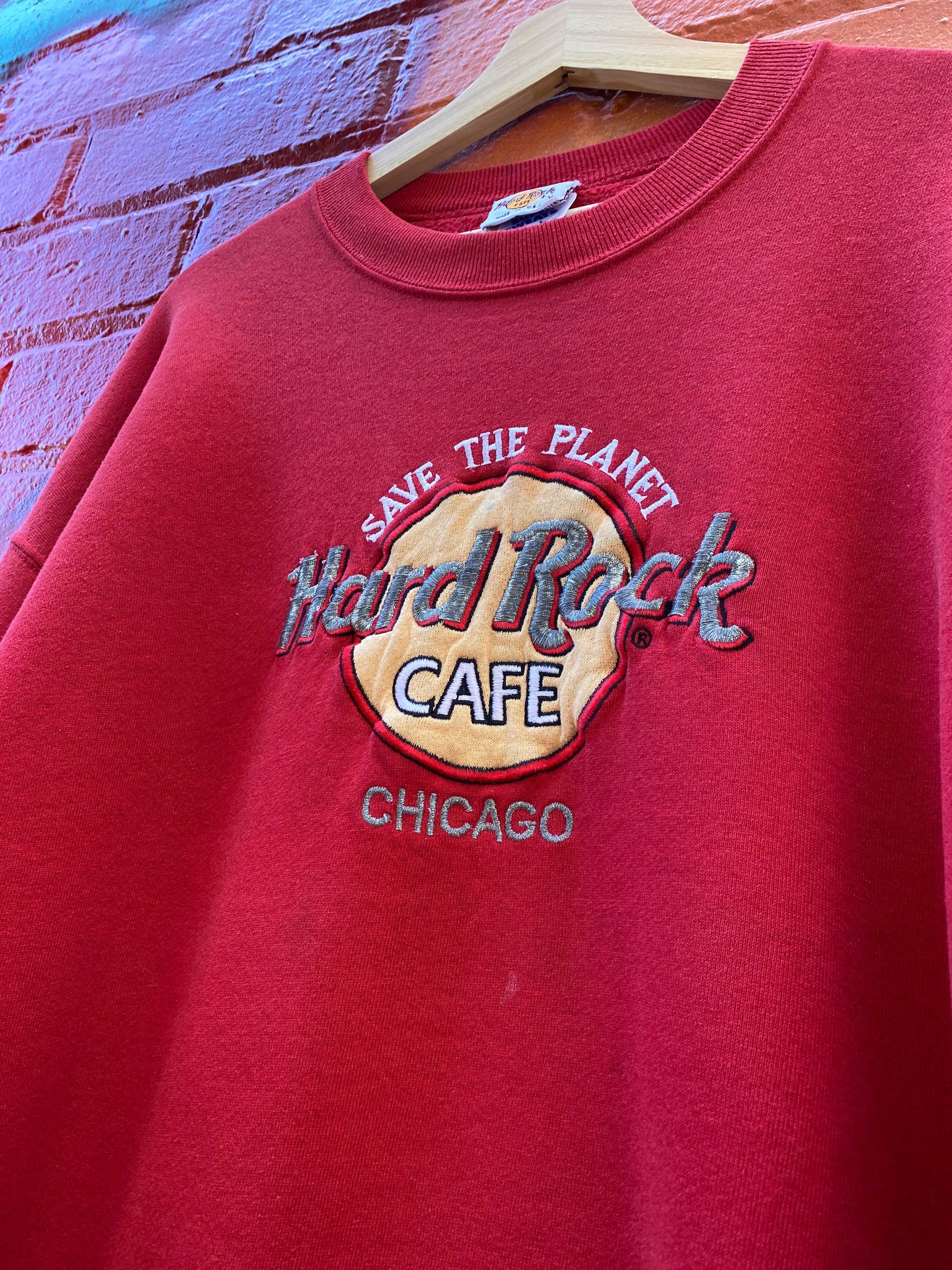 XL - 90s Hard Rock Café Chicago Embroidered Red Jumper