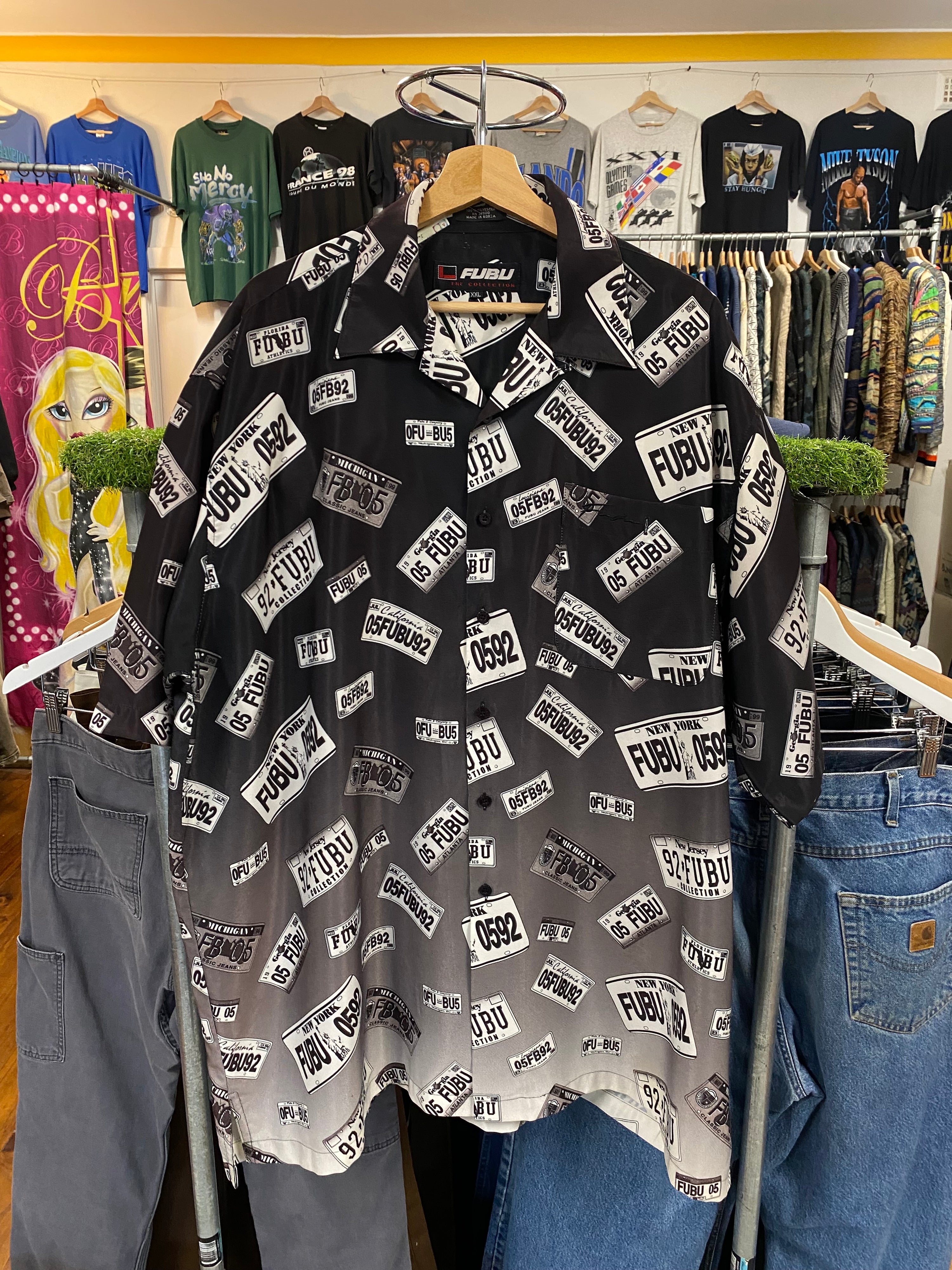[2XL] Vintage FUBU Number Plate All Over Print SS Button Up