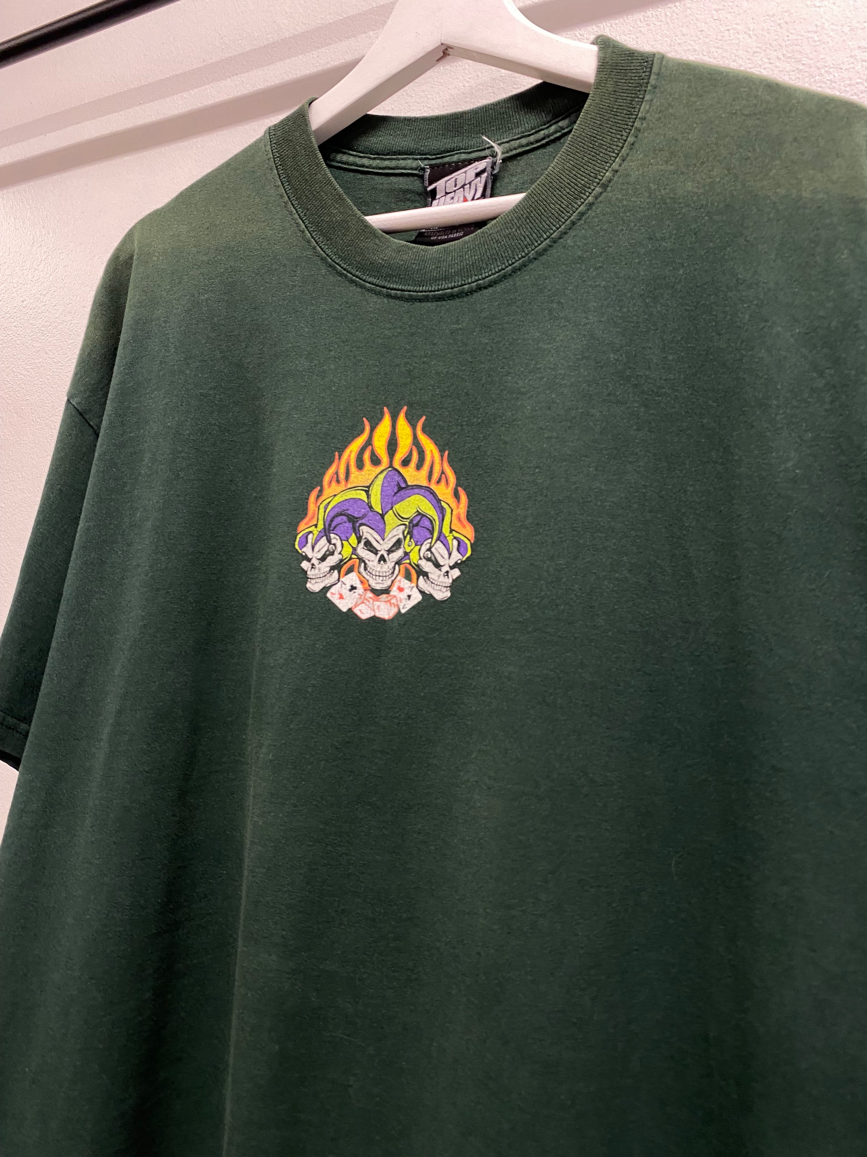 [XL] Vintage Flaming Jester Skulls Green Tshirt