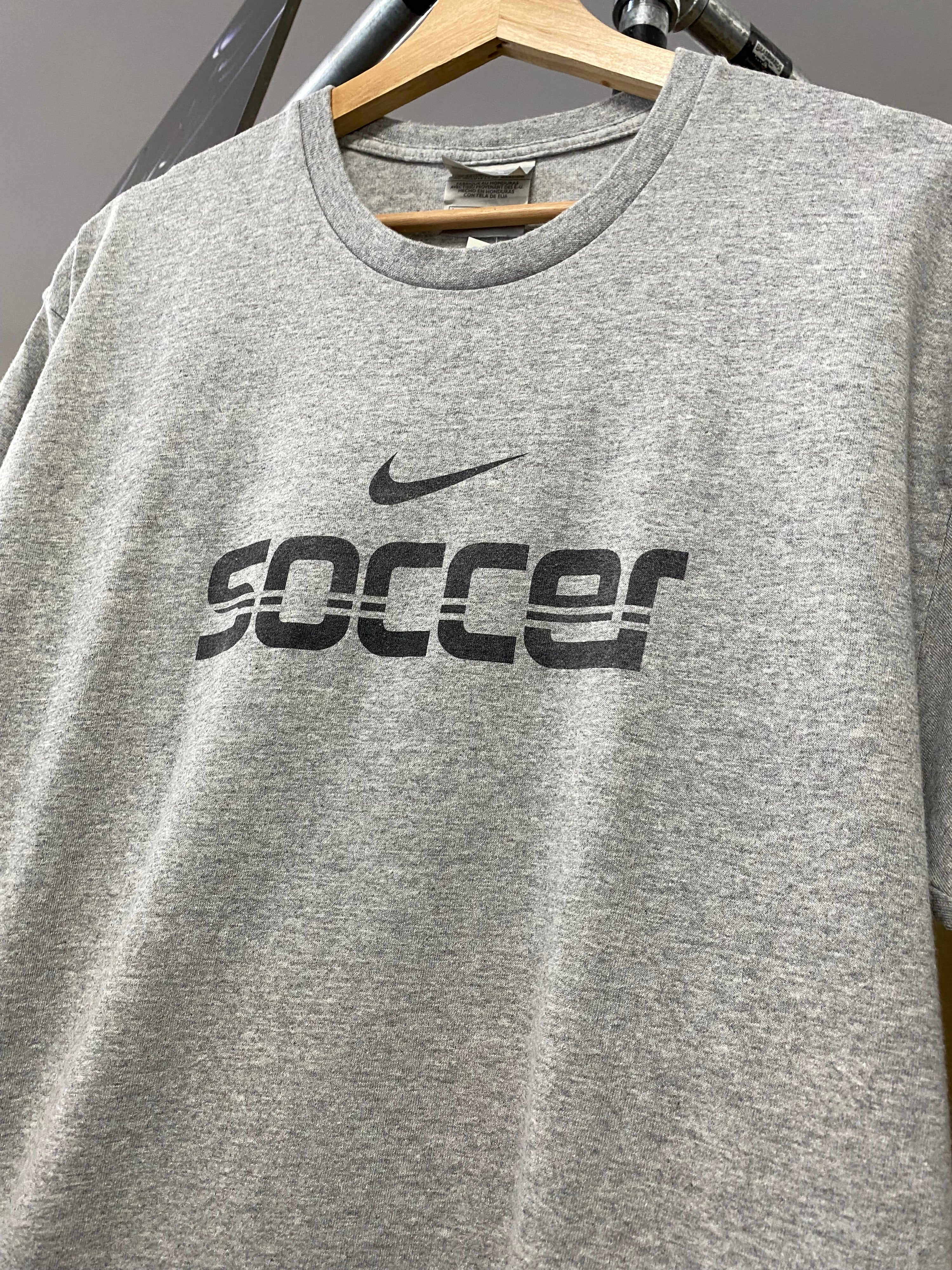 L - Vintage Nike Soccer Split Spellout Grey Tee