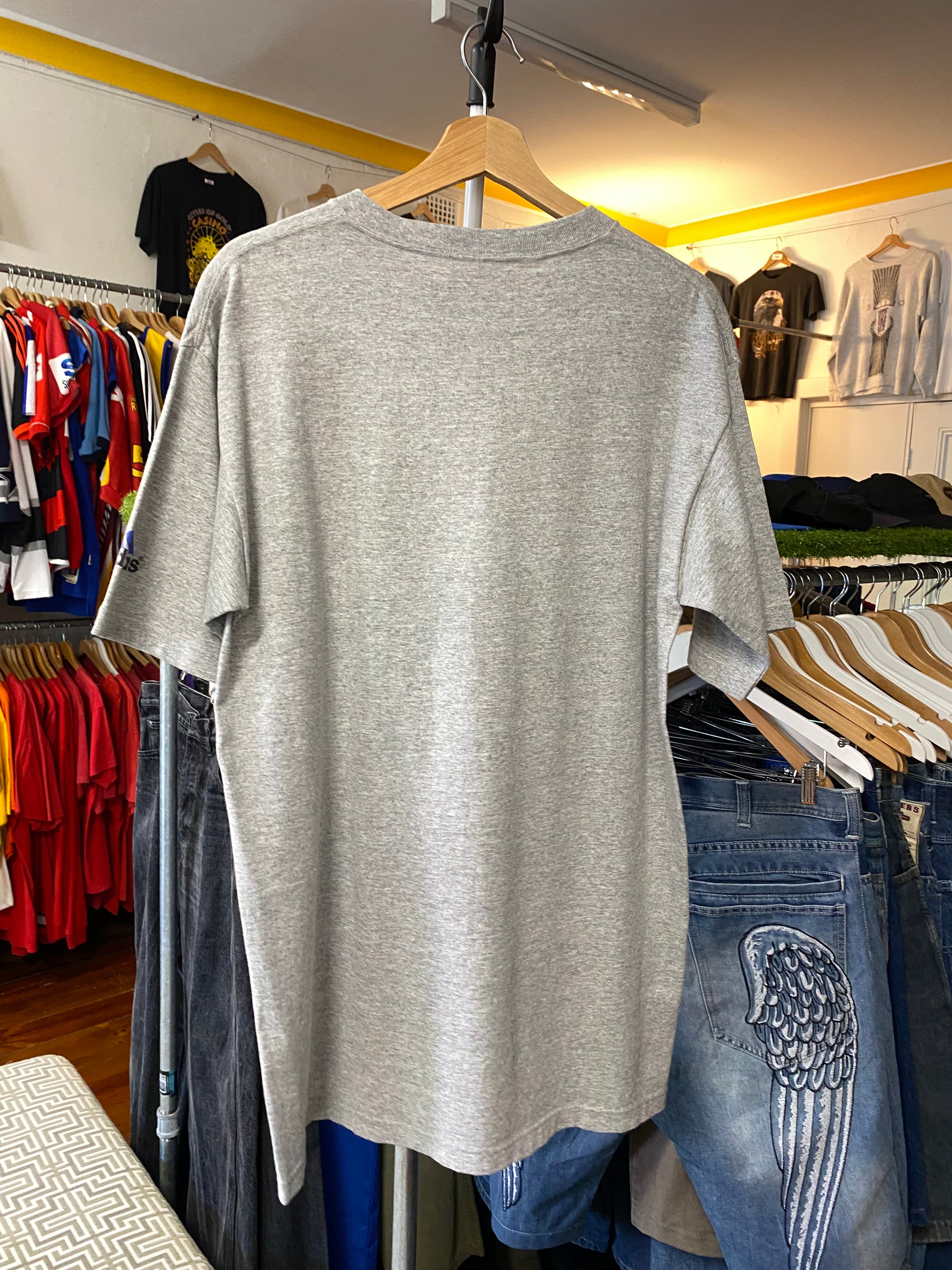 M - Vintage Adidas Big Blue Logo Grey Tee